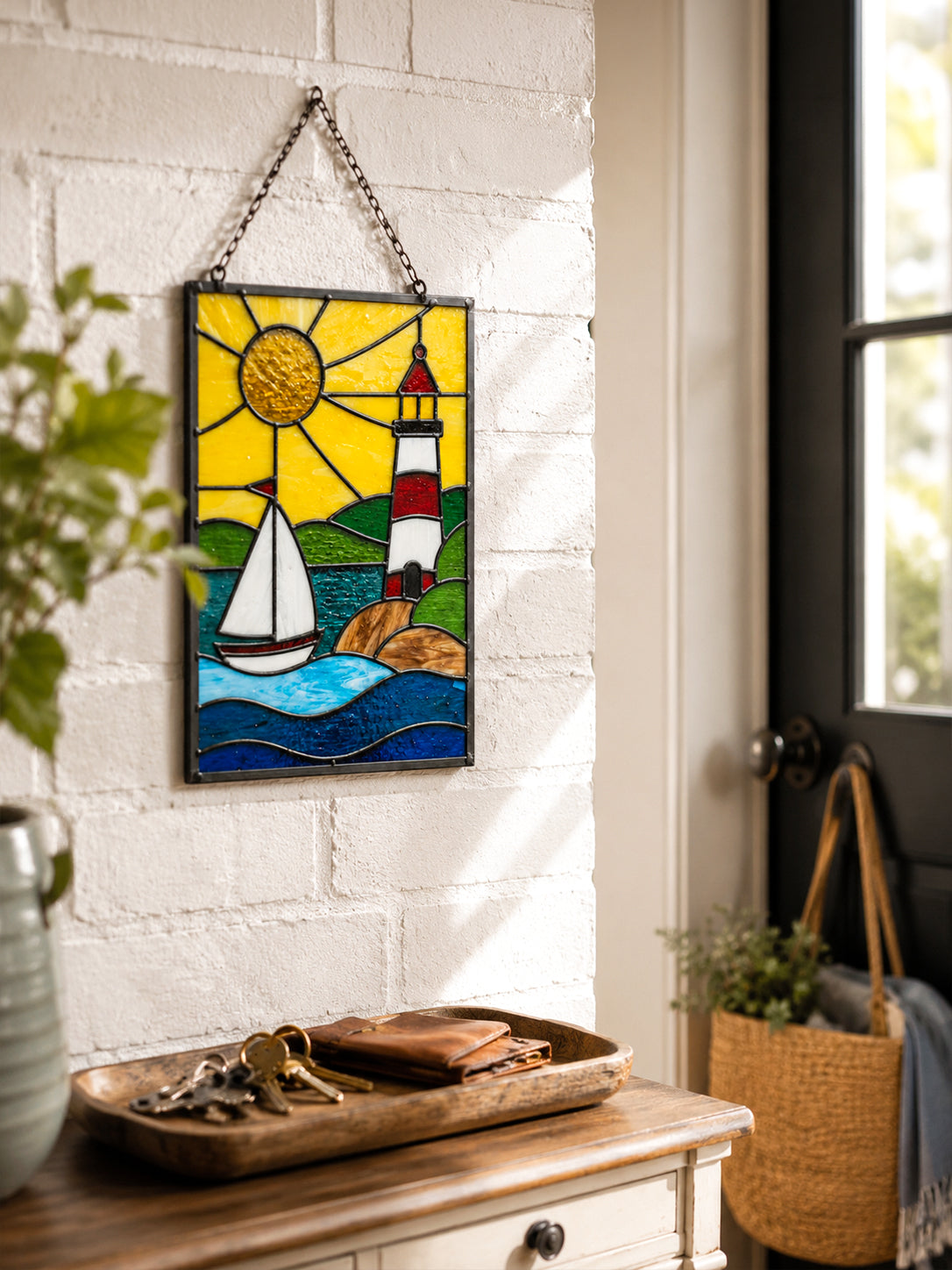 Lighthouse Stained Glass Suncatcher, Coastal Sailboat Glass Art, Nautical Home Decor, Beach House Moving Gift, Seaside Window Art