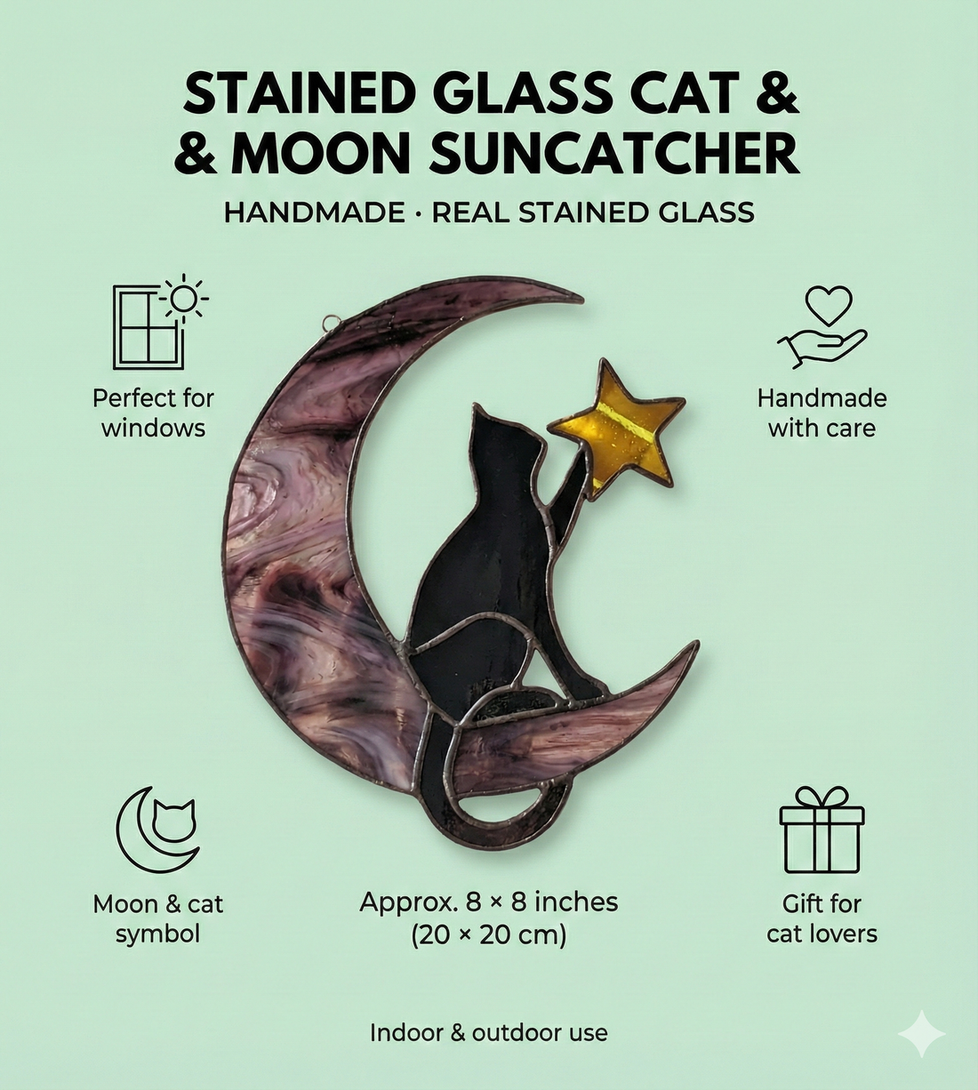 Stained Glass Cat & Moon Suncatcher