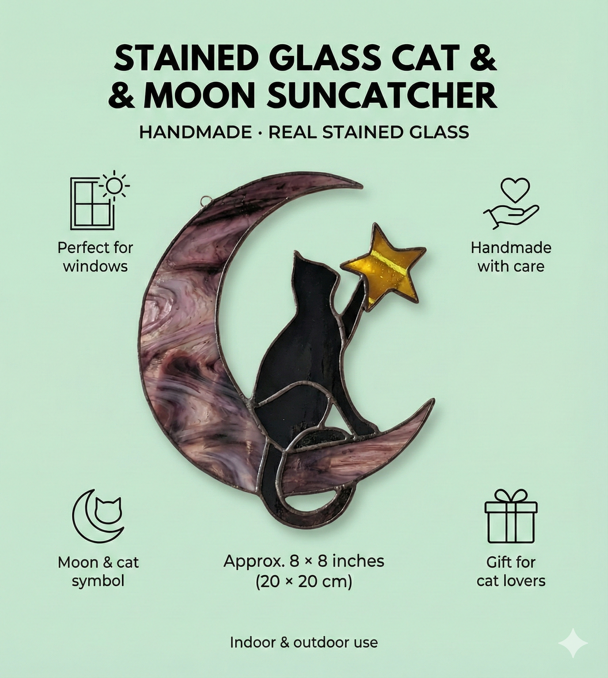Stained Glass Cat & Moon Suncatcher
