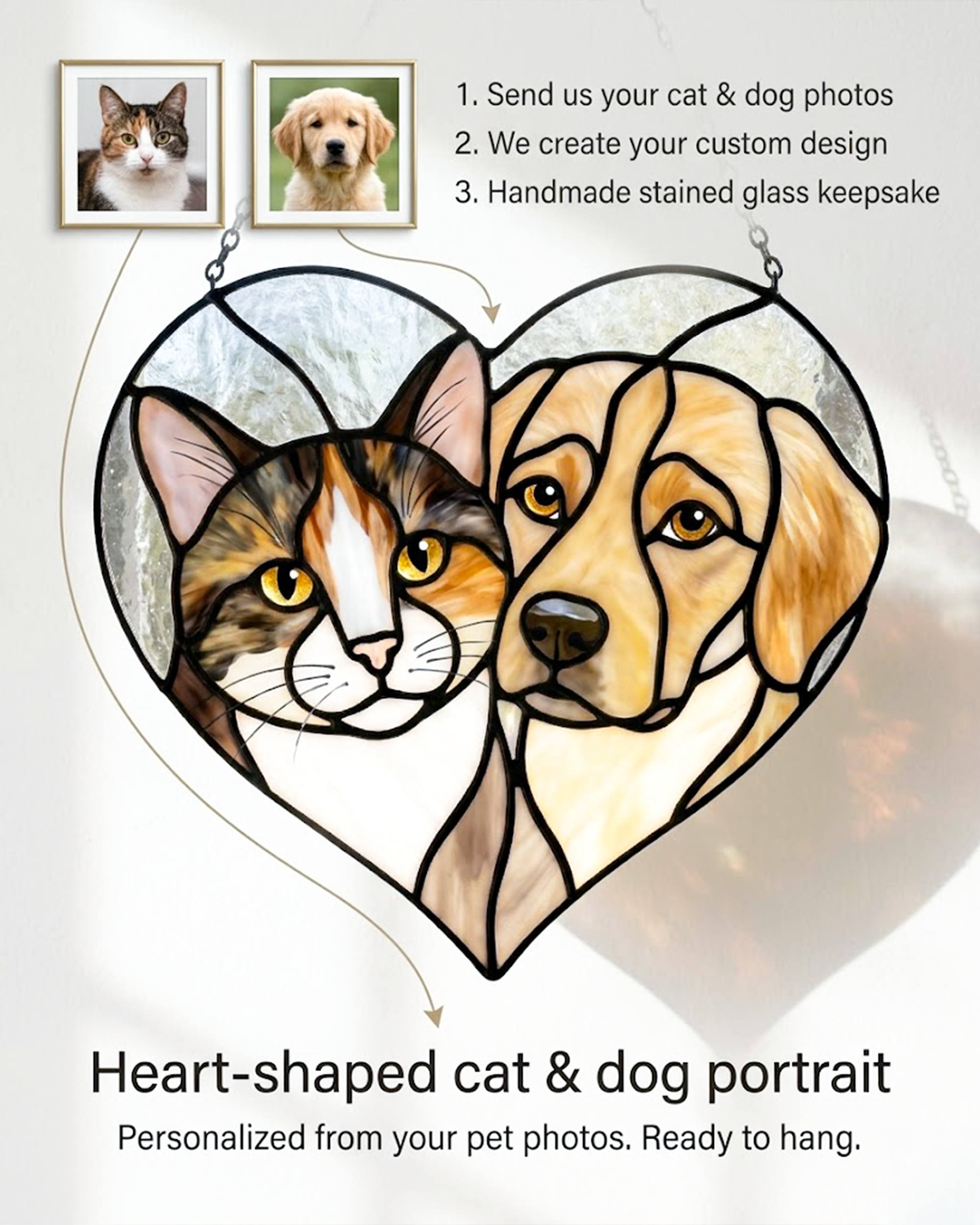 Stained Glass Cat & Dog Heart Suncatcher