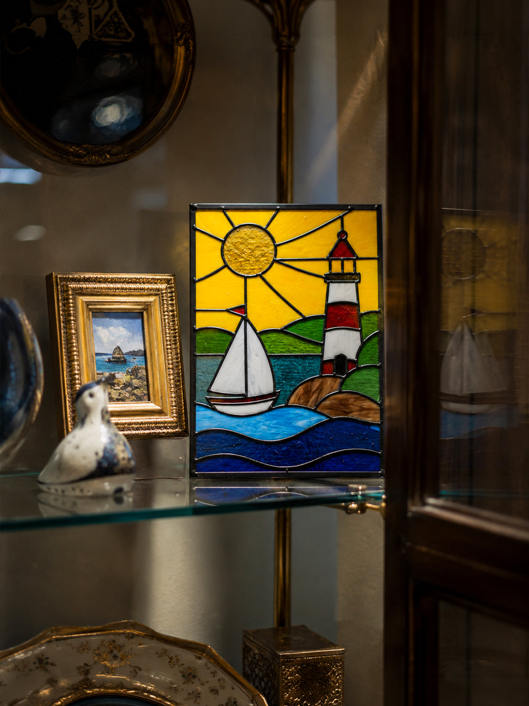 Lighthouse Stained Glass Suncatcher, Coastal Sailboat Glass Art, Nautical Home Decor, Beach House Moving Gift, Seaside Window Art