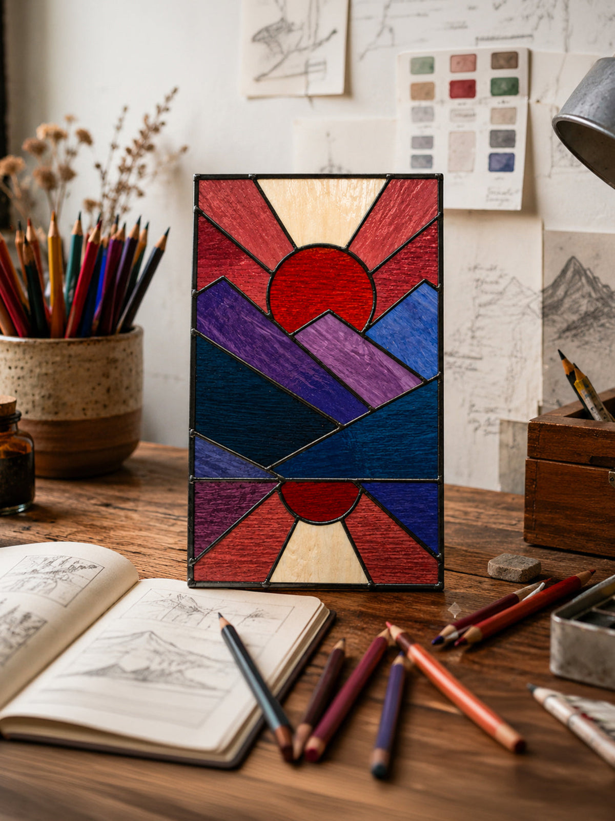 Abstract Mountain Stained Glass Art, Geometric Sun & Moon Decor, Modern Glass Panel for Office Shelf