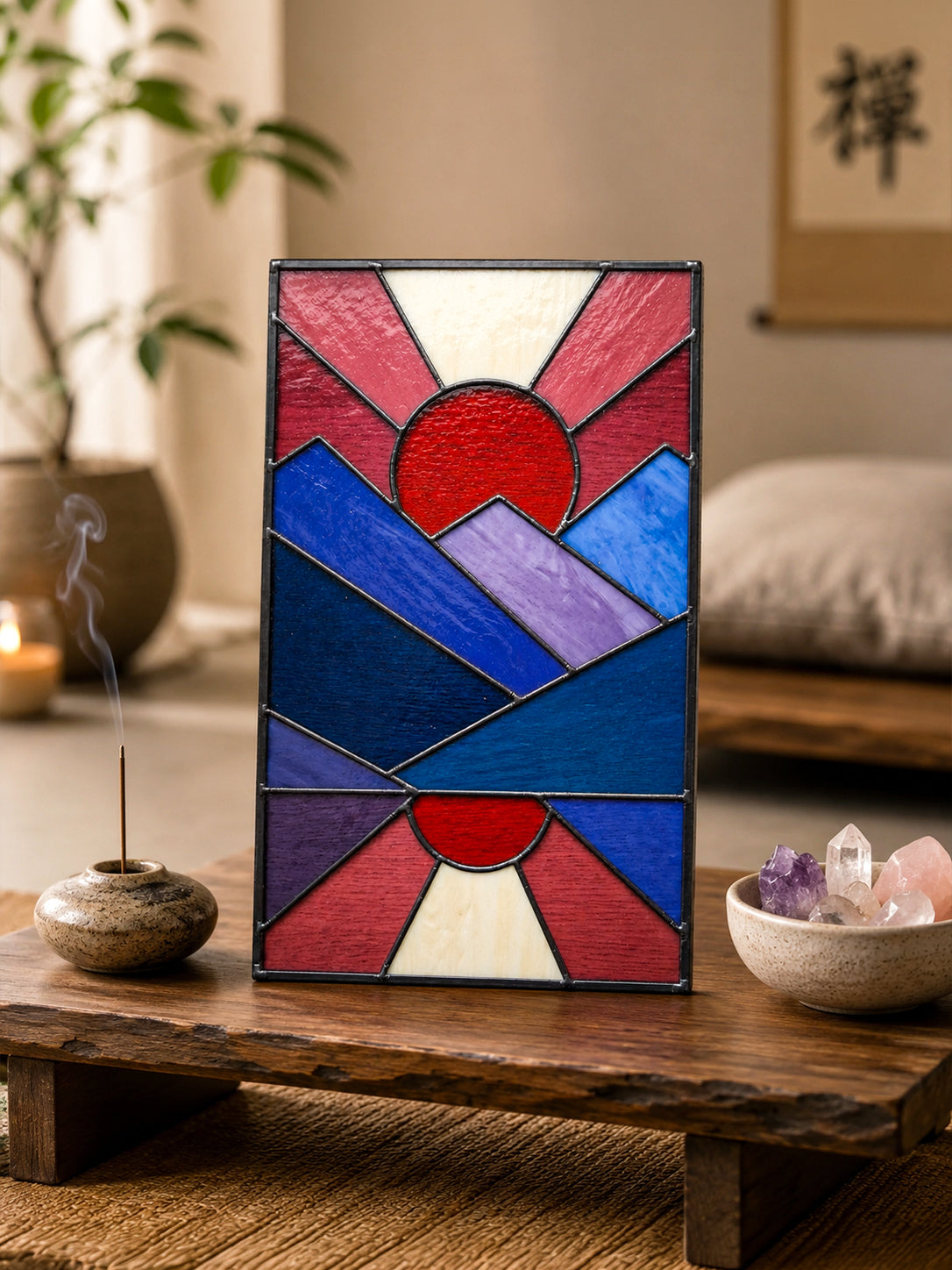 Abstract Mountain Stained Glass Art, Geometric Sun & Moon Decor, Modern Glass Panel for Office Shelf