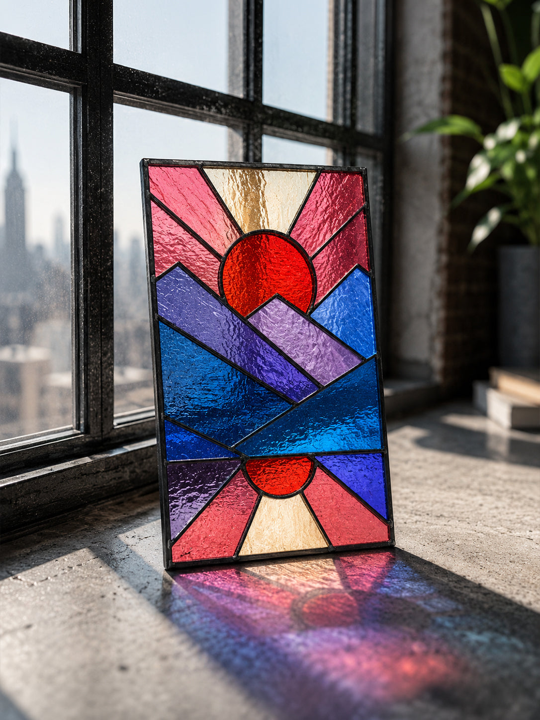 Abstract Mountain Stained Glass Art, Geometric Sun & Moon Decor, Modern Glass Panel for Office Shelf