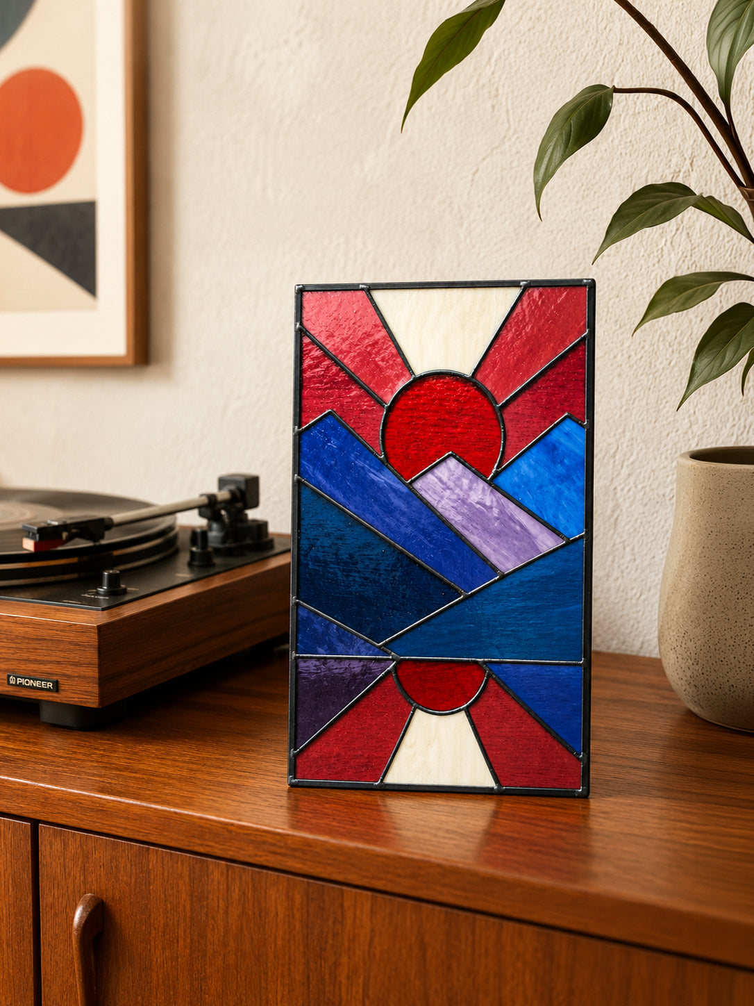 Abstract Mountain Stained Glass Art, Geometric Sun & Moon Decor, Modern Glass Panel for Office Shelf