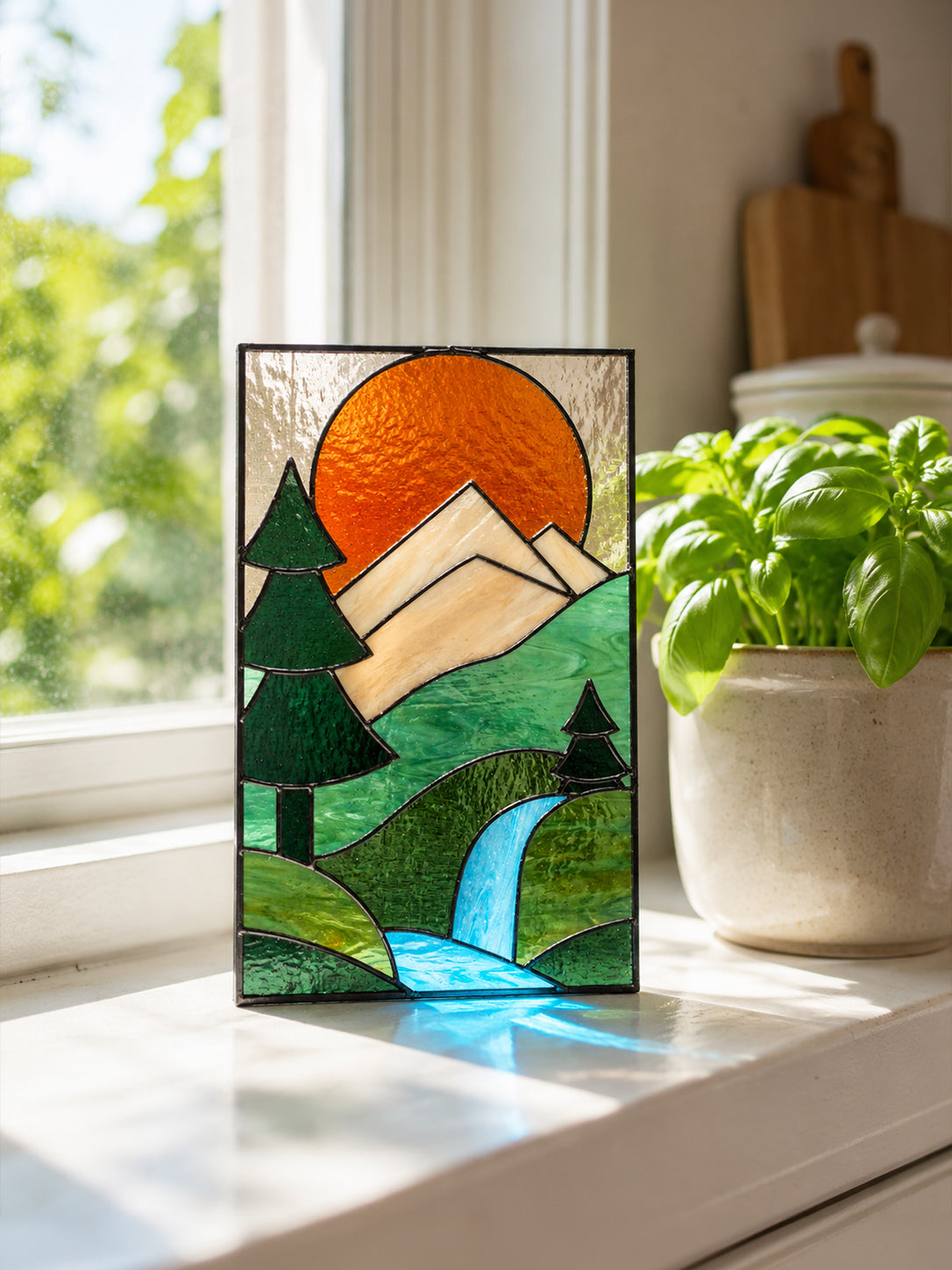 Mountain Waterfall Stained Glass Suncatcher, Nature Landscape Glass Art, Forest & River Window Hanging, Handmade Gift for Nature Lovers