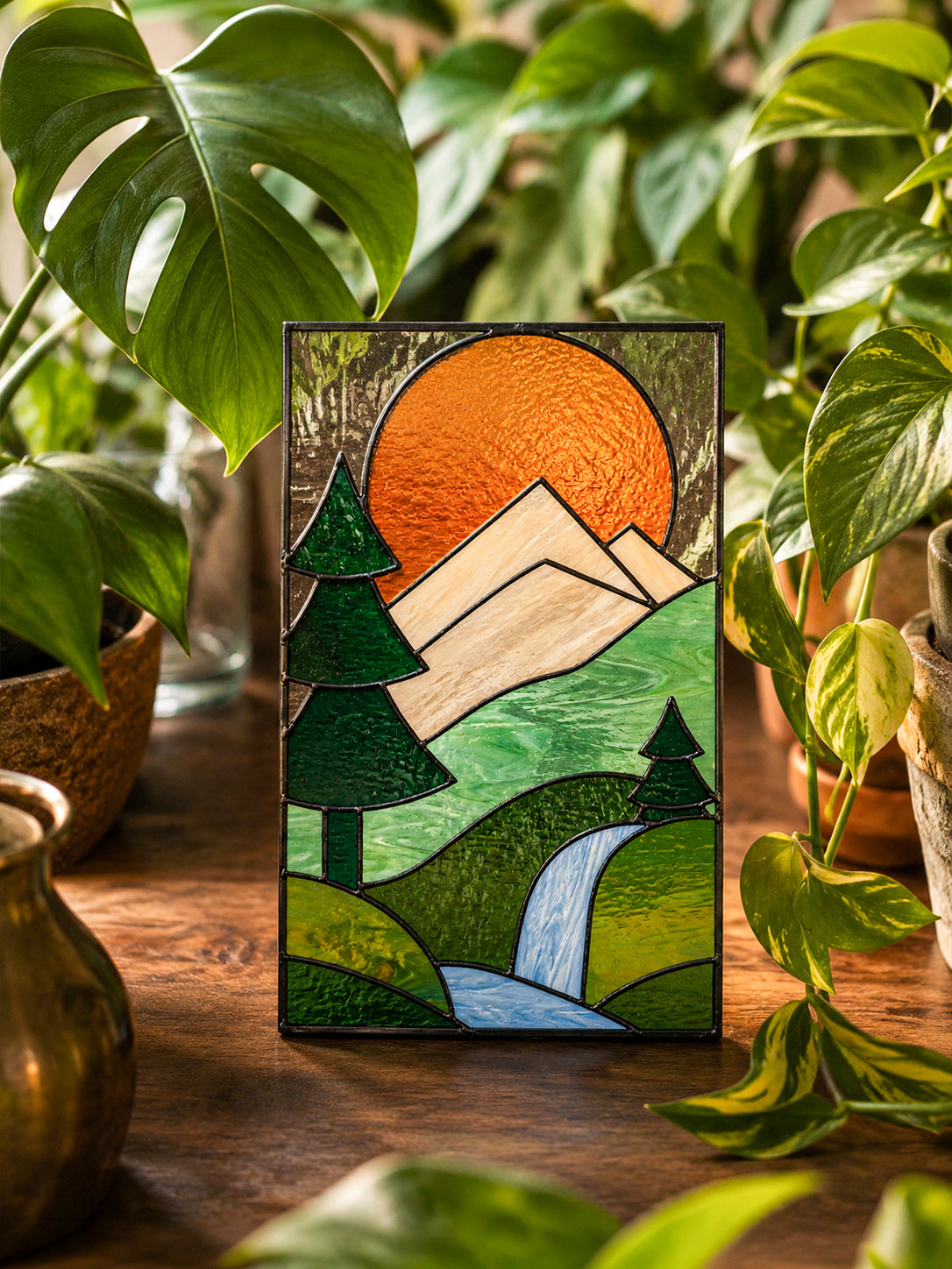 Mountain Waterfall Stained Glass Suncatcher, Nature Landscape Glass Art, Forest & River Window Hanging, Handmade Gift for Nature Lovers