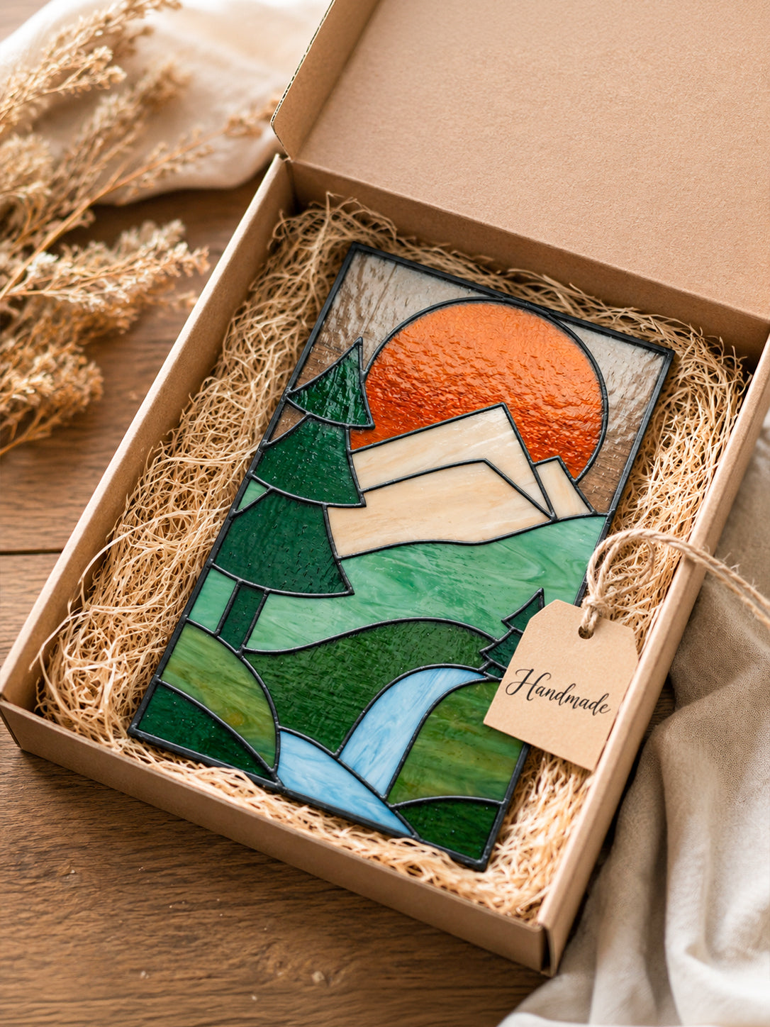 Mountain Waterfall Stained Glass Suncatcher, Nature Landscape Glass Art, Forest & River Window Hanging, Handmade Gift for Nature Lovers