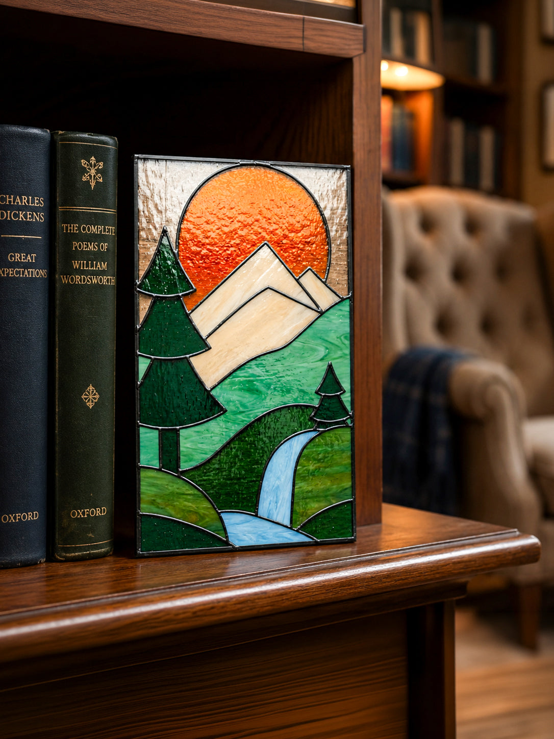 Mountain Waterfall Stained Glass Suncatcher, Nature Landscape Glass Art, Forest & River Window Hanging, Handmade Gift for Nature Lovers