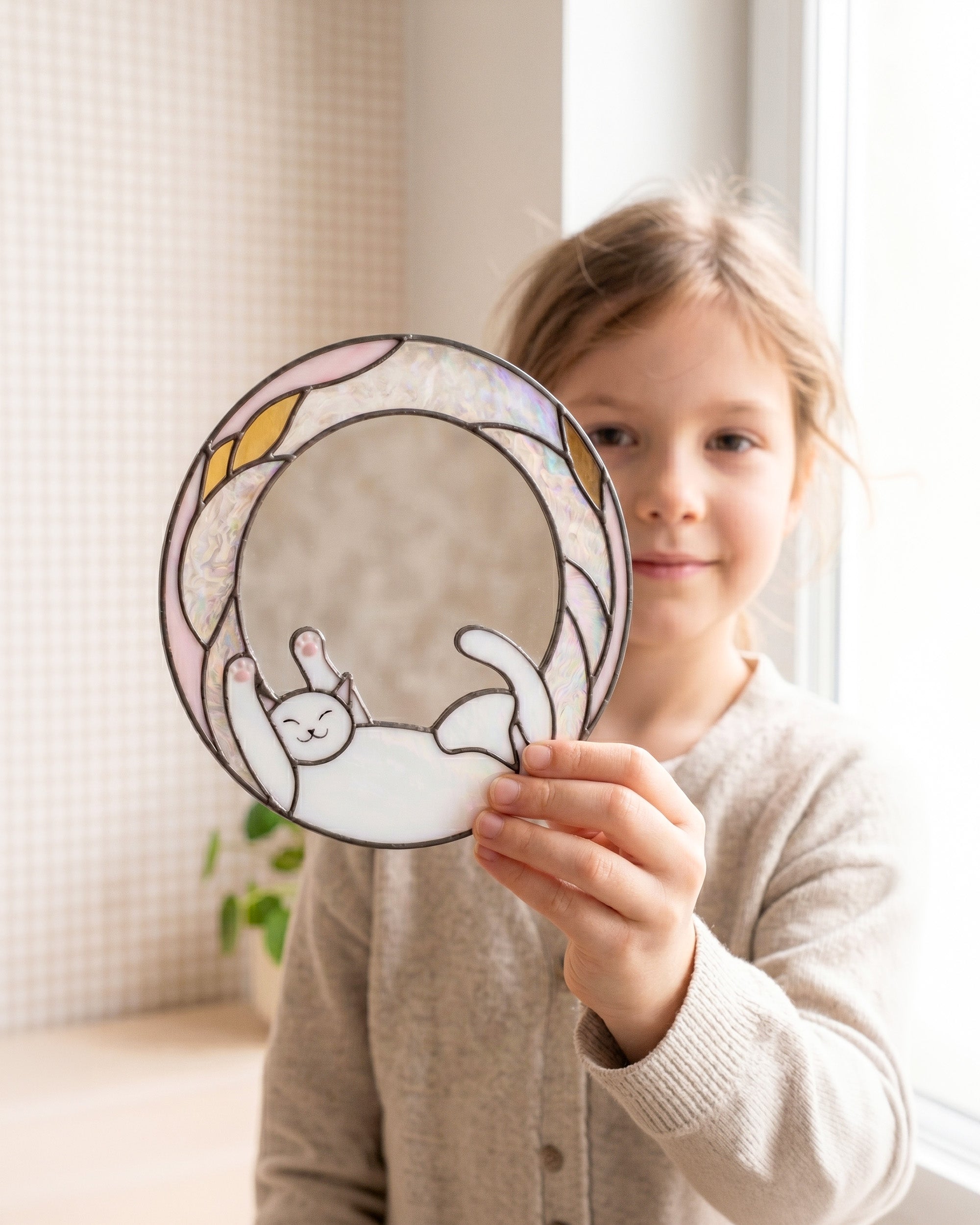 Stained Glass Pink Cat Suncatcher