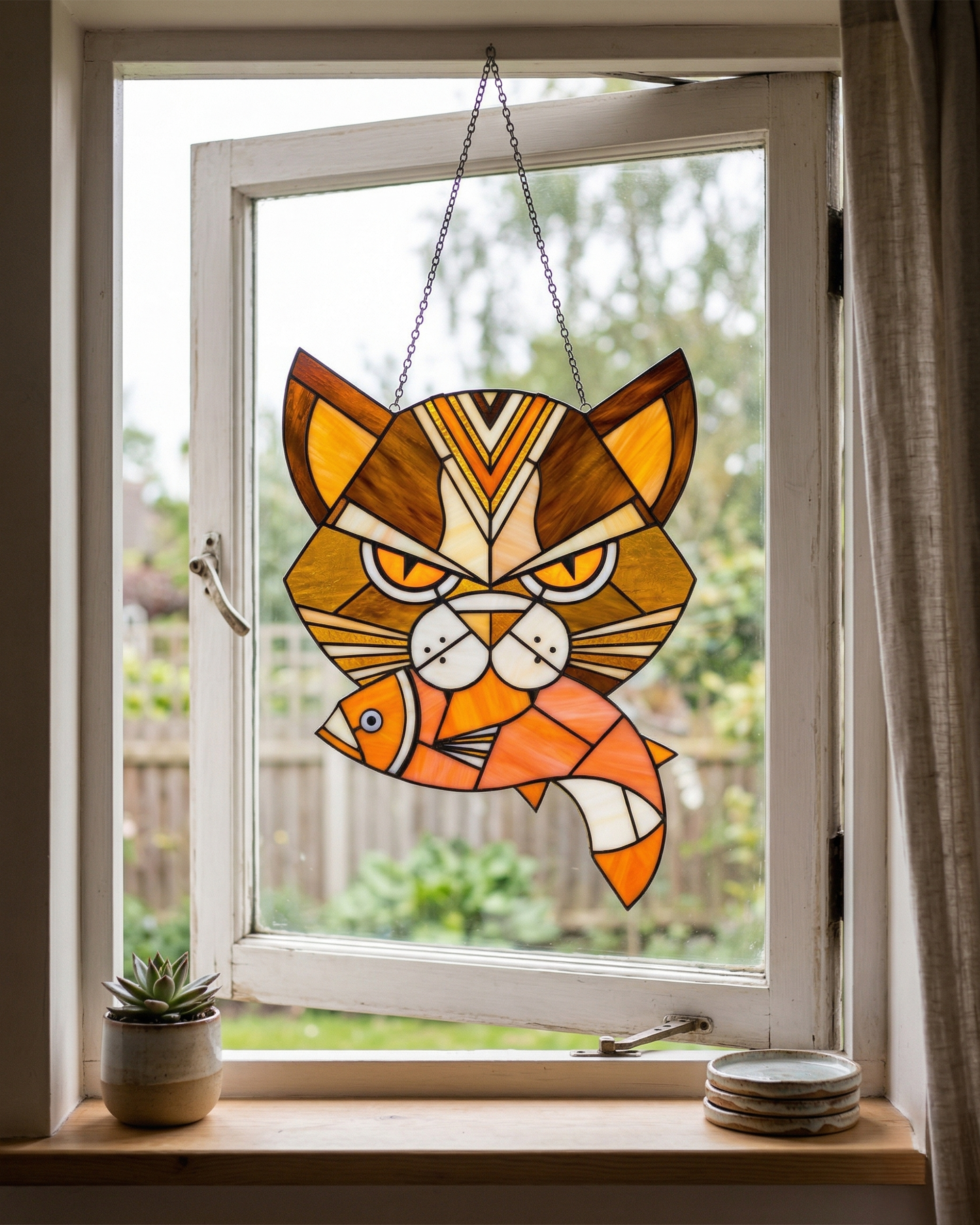 Handcrafted Stained Glass Cat &amp; Fish Suncatcher