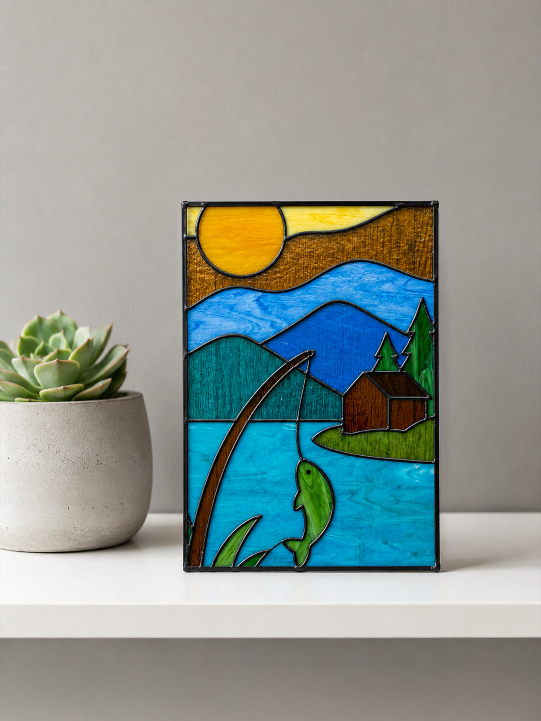 Fishing Scene Stained Glass Art, Cabin Decor Mountain Lake Glass Panel, Unique Gift for Fisherman, Rustic Outdoor Wall Art Decor