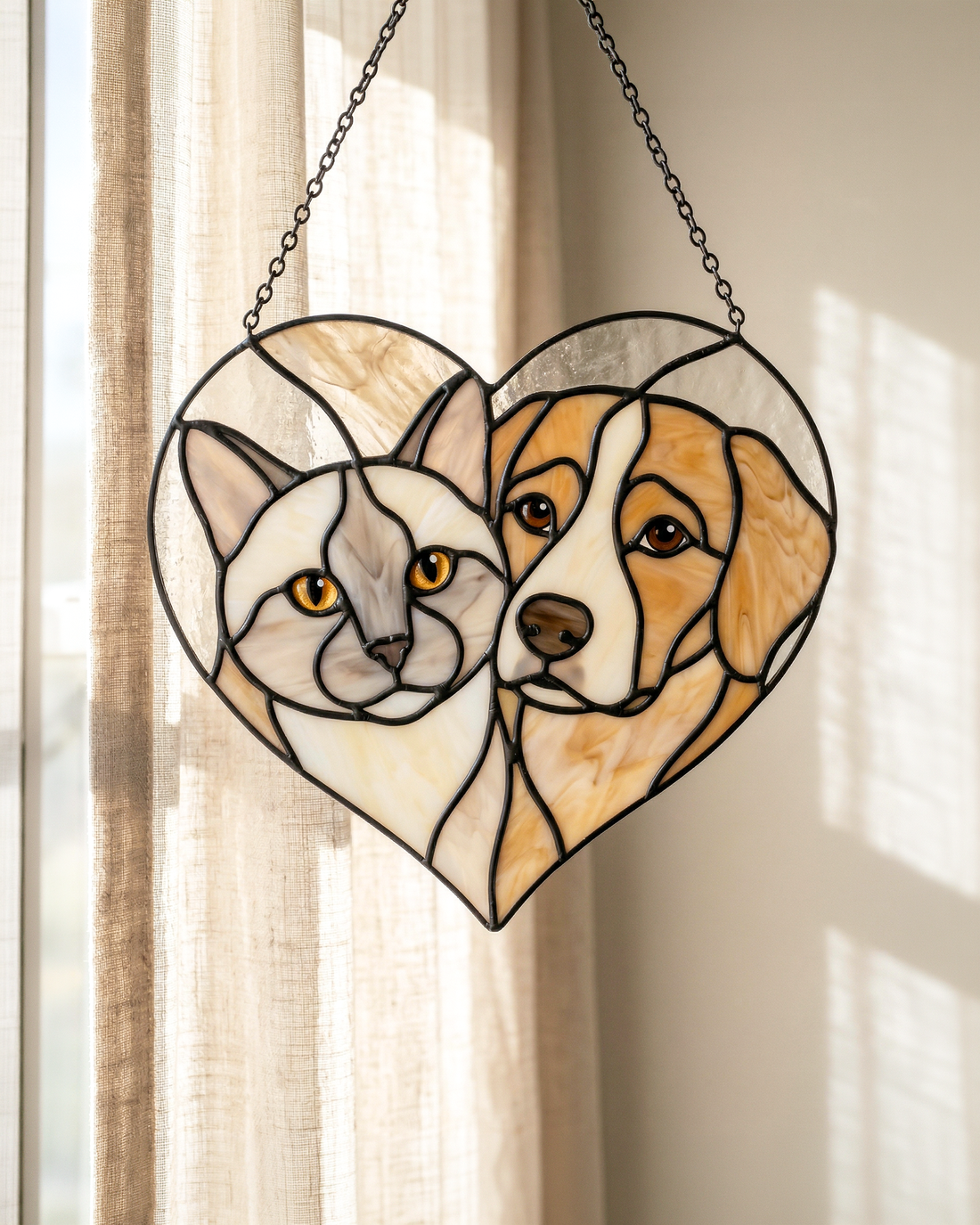 Stained Glass Cat & Dog Heart Suncatcher