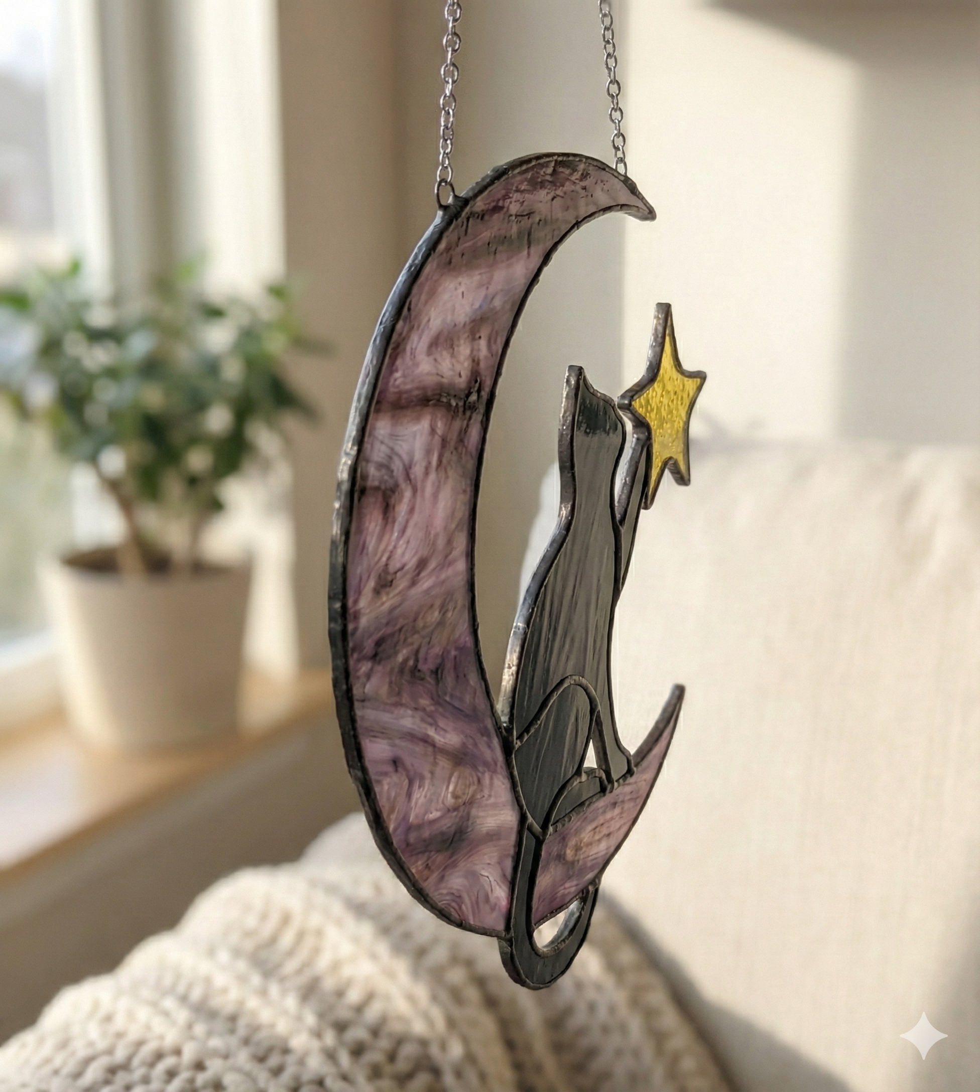 Stained Glass Cat & Moon Suncatcher