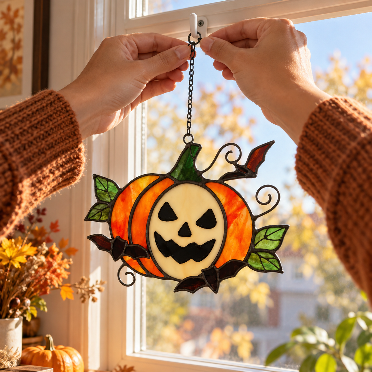 Stained Glass Pumpkin Suncatcher – Spooky & Cute Autumn Decor