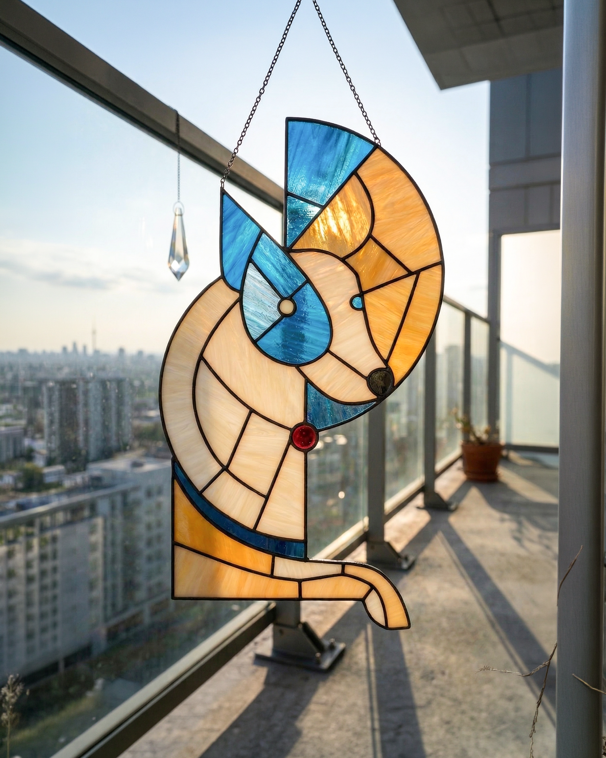 Artistic Geometric Stained Glass Dog Suncatcher