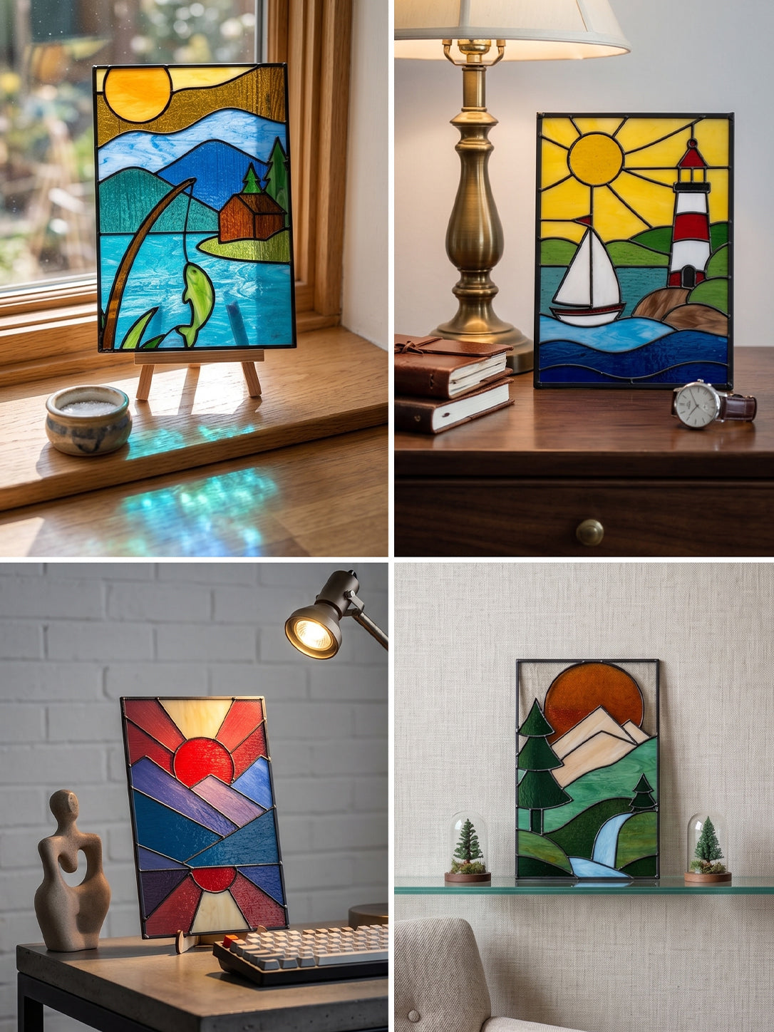 Abstract Mountain Stained Glass Art, Geometric Sun & Moon Decor, Modern Glass Panel for Office Shelf