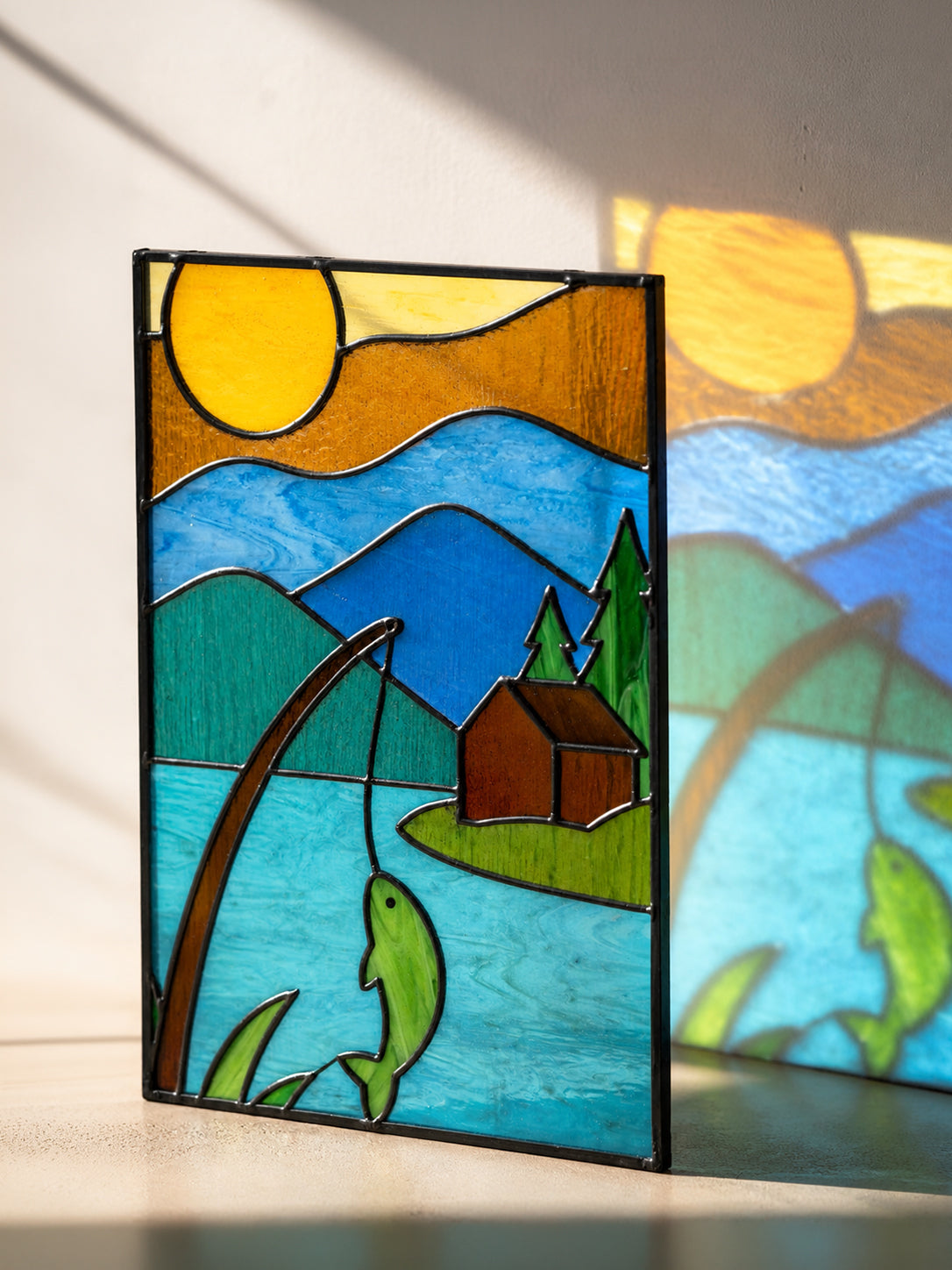 Fishing Scene Stained Glass Art, Cabin Decor Mountain Lake Glass Panel, Unique Gift for Fisherman, Rustic Outdoor Wall Art Decor