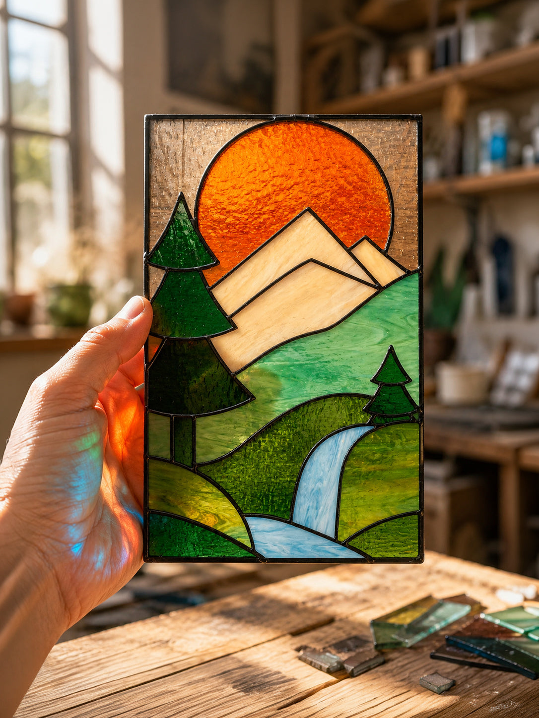 Mountain Waterfall Stained Glass Suncatcher, Nature Landscape Glass Art, Forest & River Window Hanging, Handmade Gift for Nature Lovers