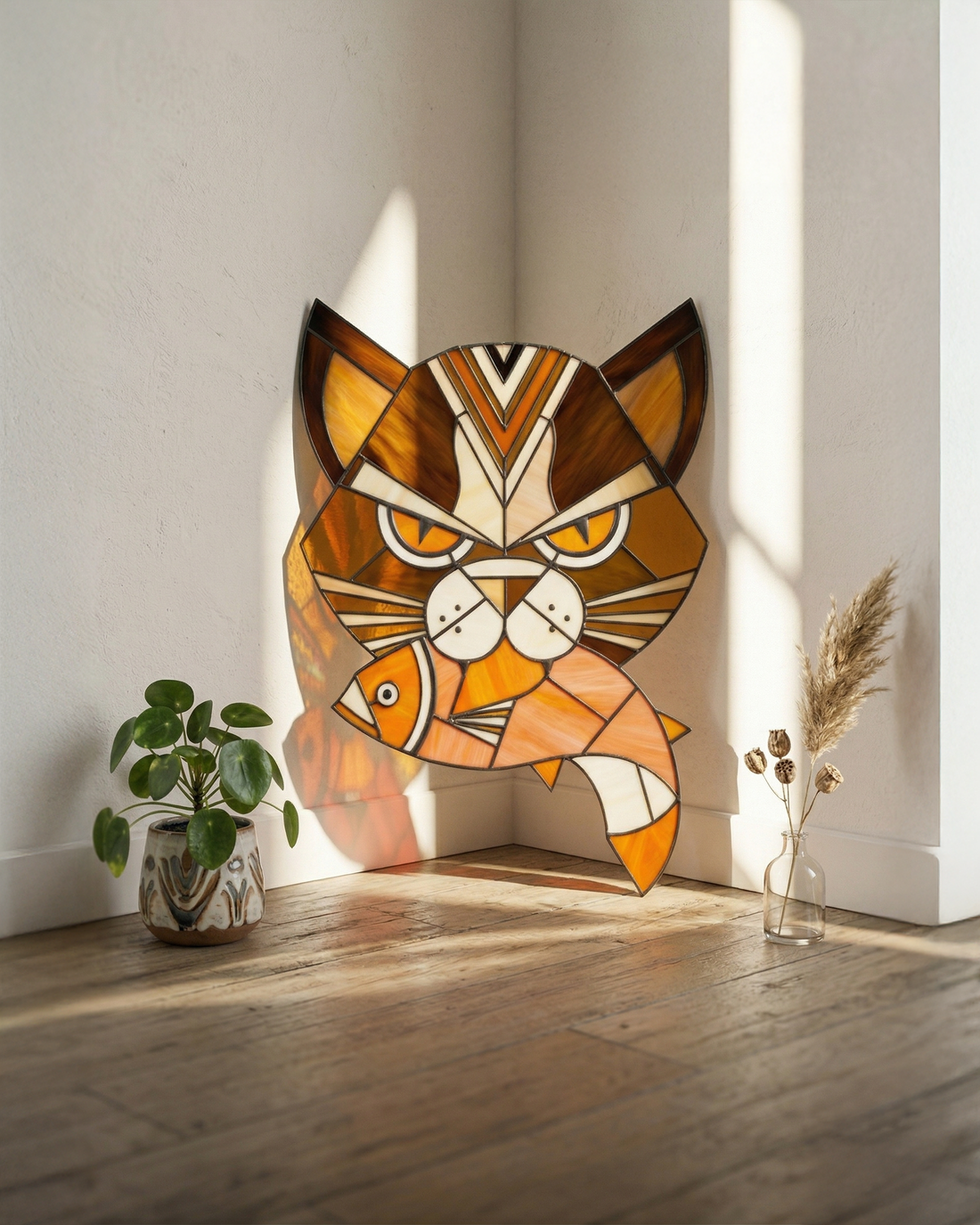 Handcrafted Stained Glass Cat &amp; Fish Suncatcher