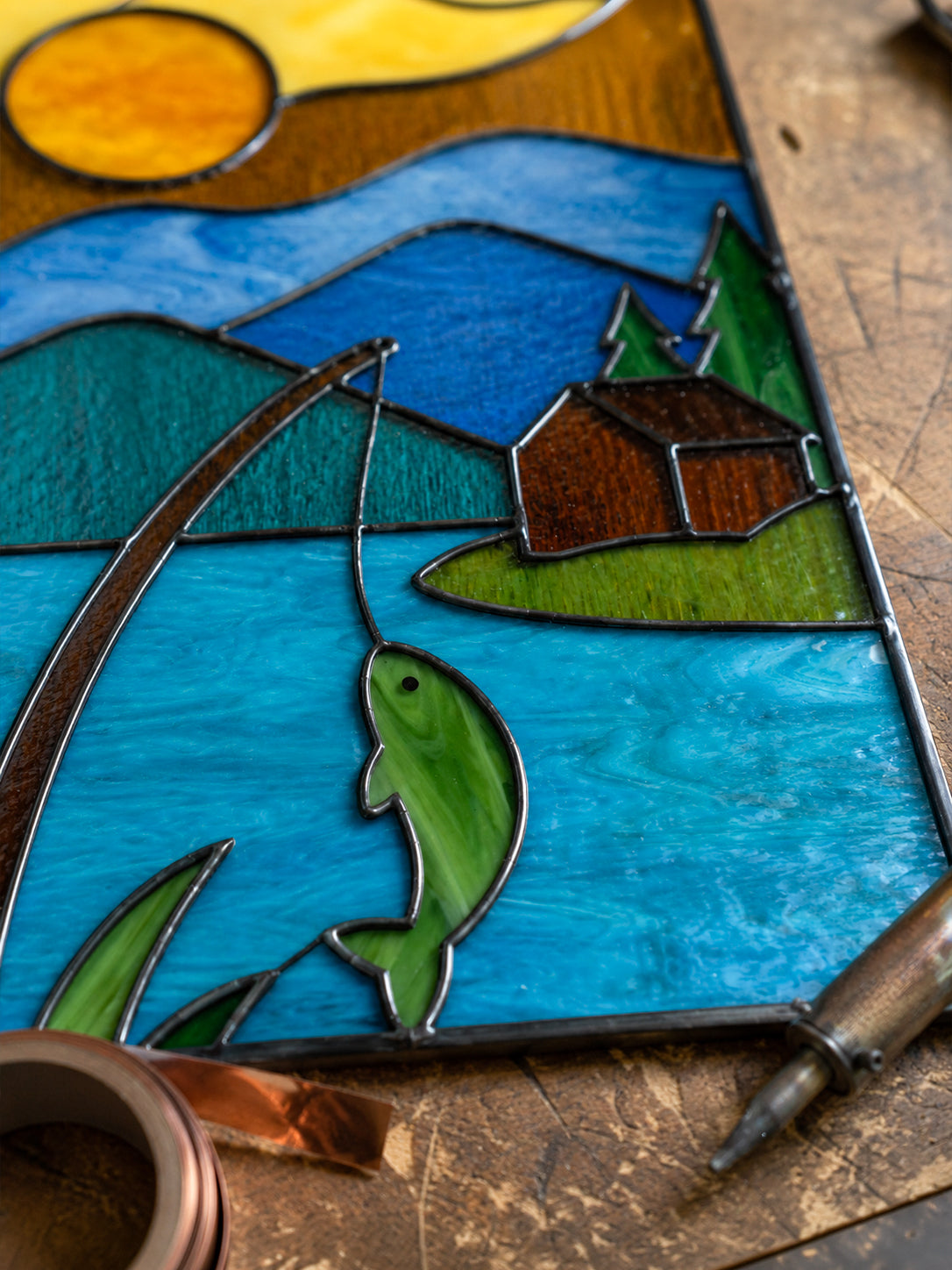 Fishing Scene Stained Glass Art, Cabin Decor Mountain Lake Glass Panel, Unique Gift for Fisherman, Rustic Outdoor Wall Art Decor