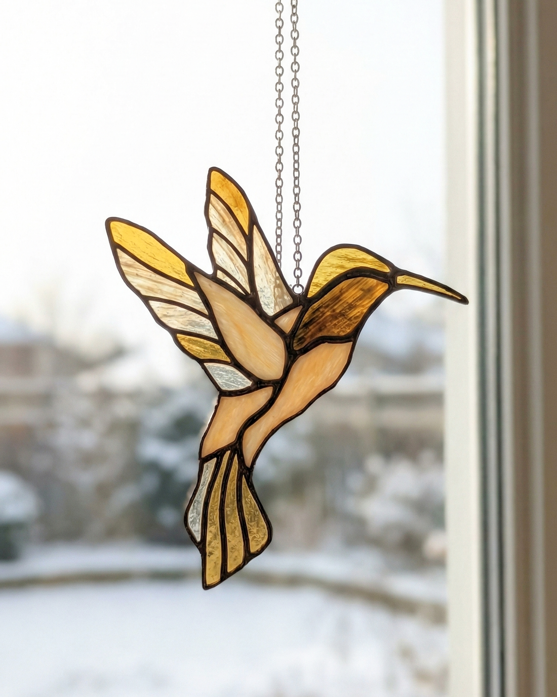Golden Amber Stained Glass Hummingbird Suncatcher