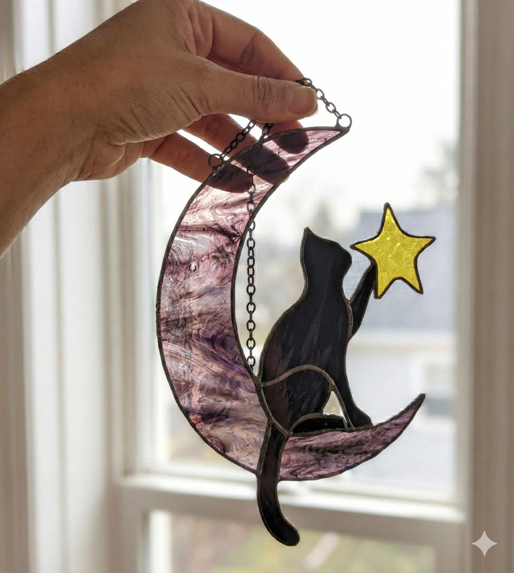 Stained Glass Cat & Moon Suncatcher
