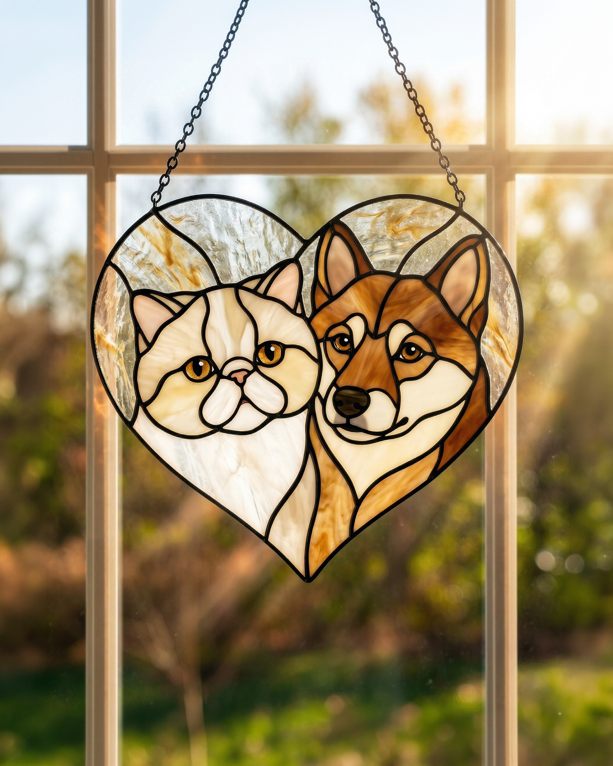 Stained Glass Cat & Dog Heart Suncatcher