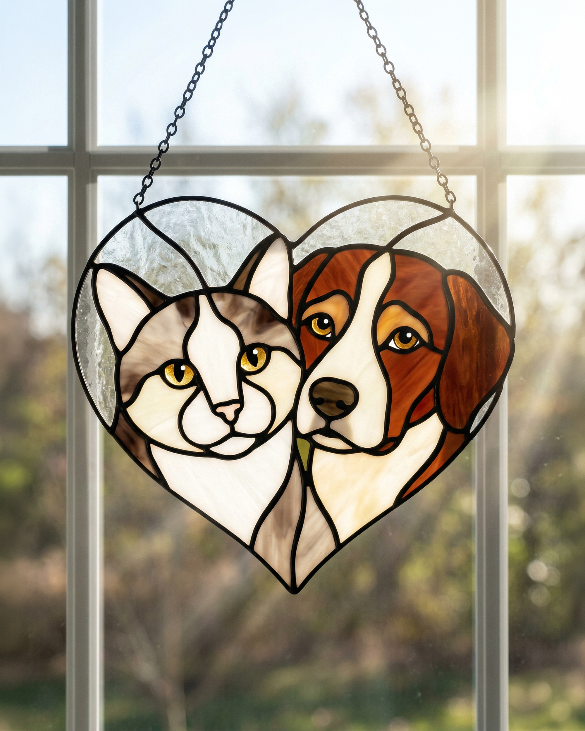 Stained Glass Cat & Dog Heart Suncatcher