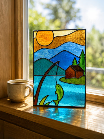 Fishing Scene Stained Glass Art, Cabin Decor Mountain Lake Glass Panel, Unique Gift for Fisherman, Rustic Outdoor Wall Art Decor