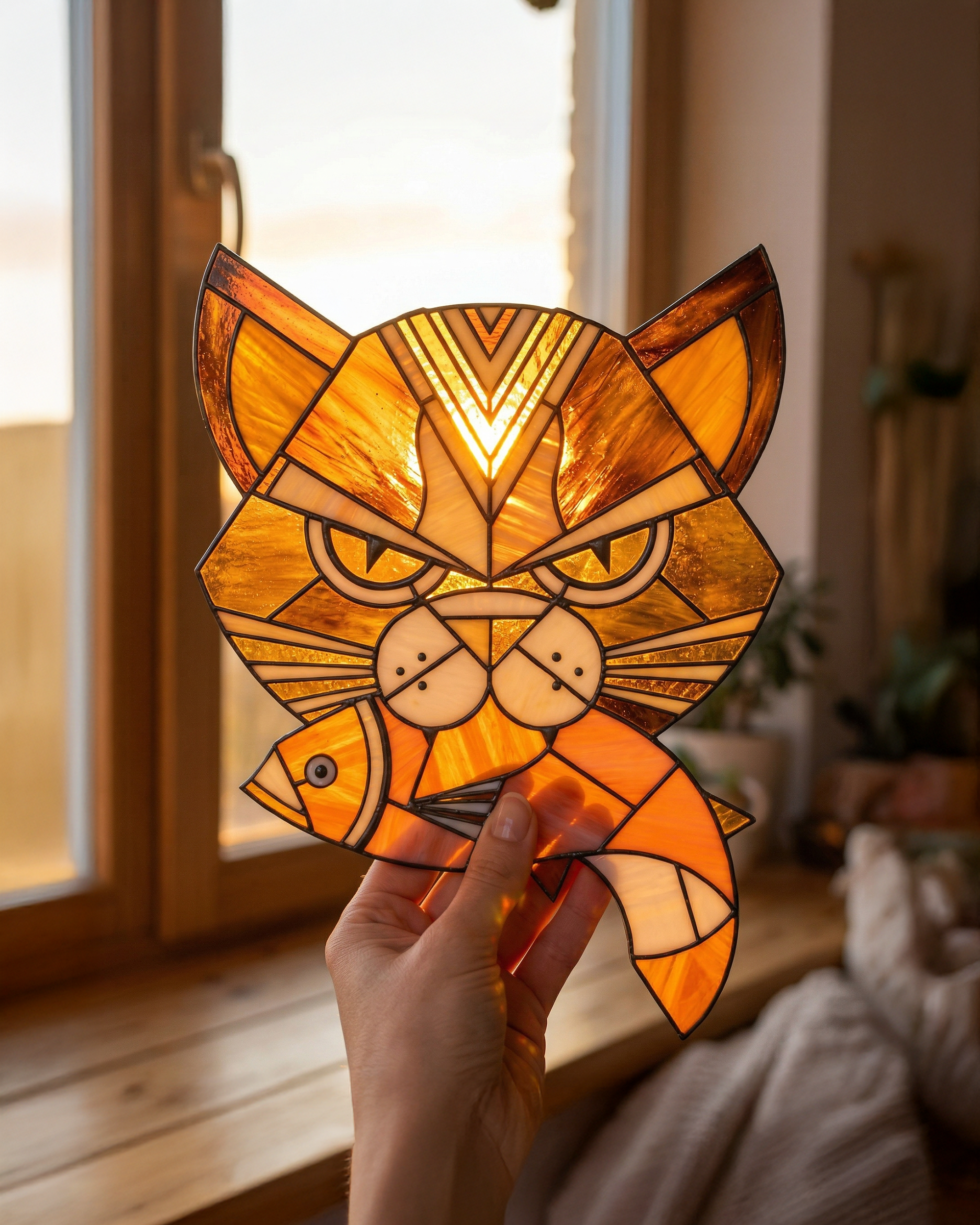Handcrafted Stained Glass Cat &amp; Fish Suncatcher
