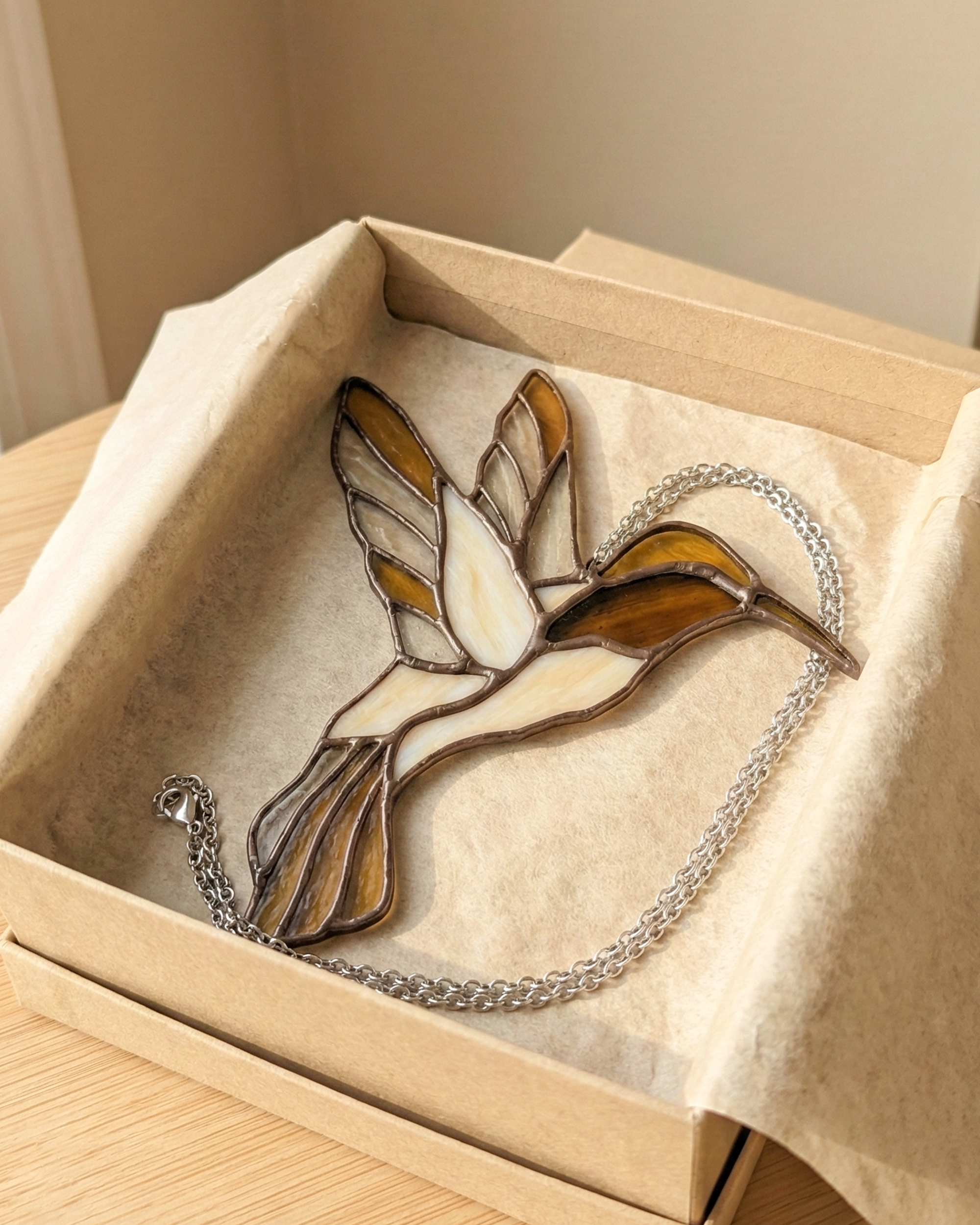 Golden Amber Stained Glass Hummingbird Suncatcher