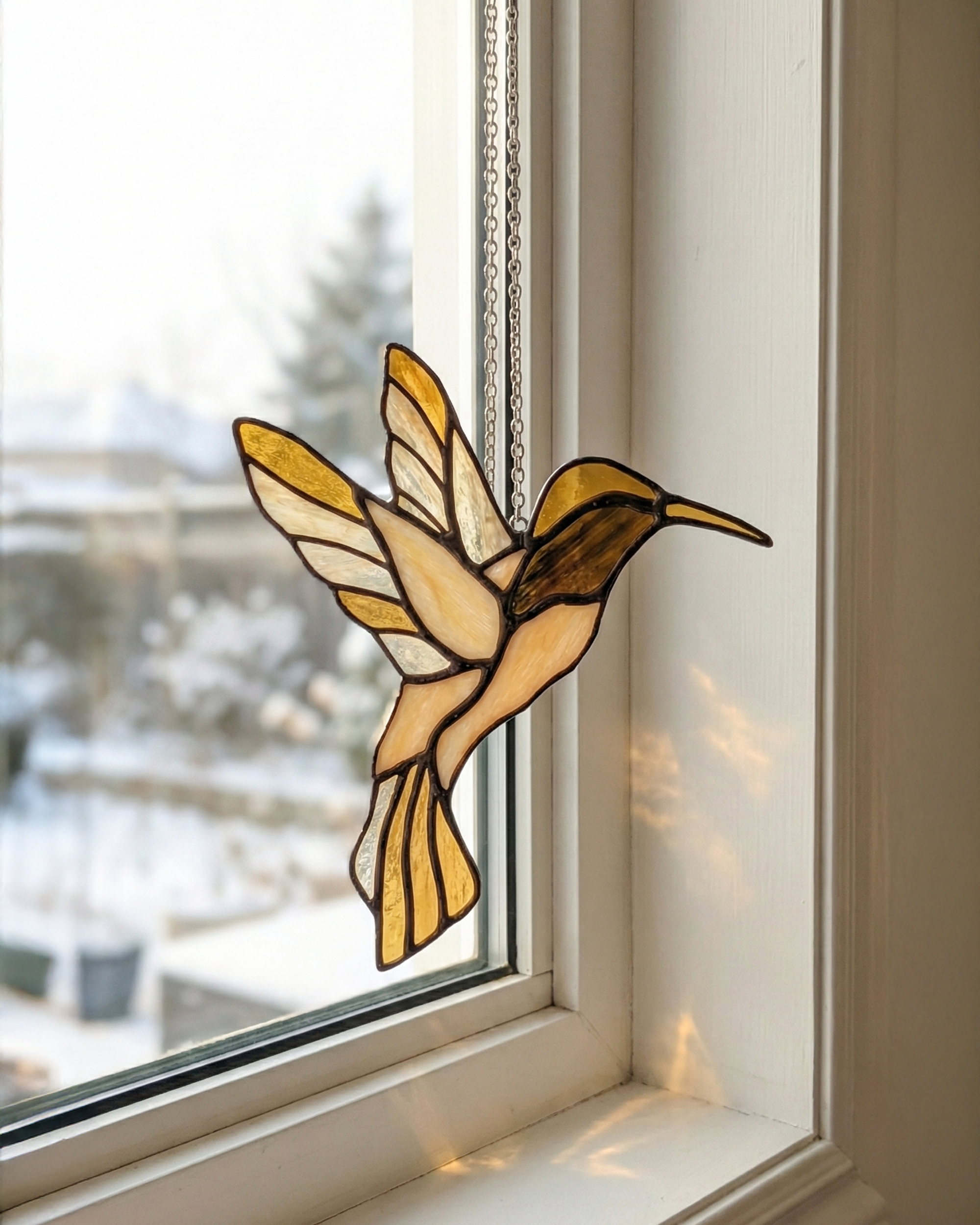 Golden Amber Stained Glass Hummingbird Suncatcher