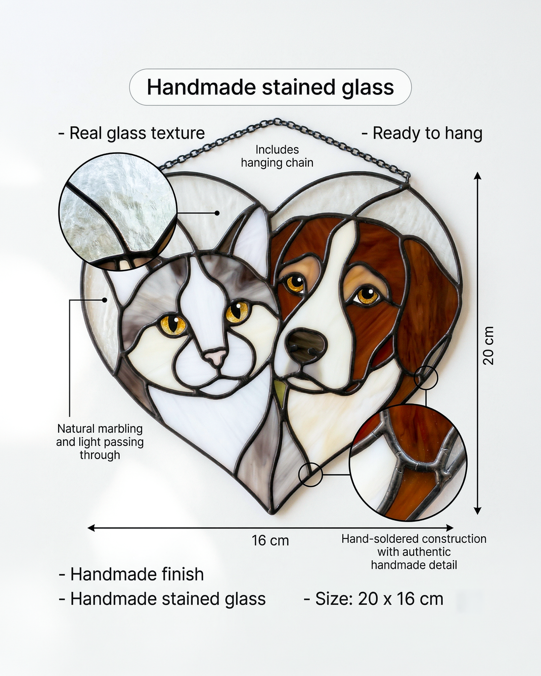 Stained Glass Cat & Dog Heart Suncatcher
