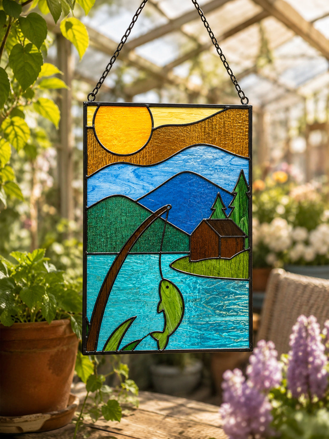 Fishing Scene Stained Glass Art, Cabin Decor Mountain Lake Glass Panel, Unique Gift for Fisherman, Rustic Outdoor Wall Art Decor
