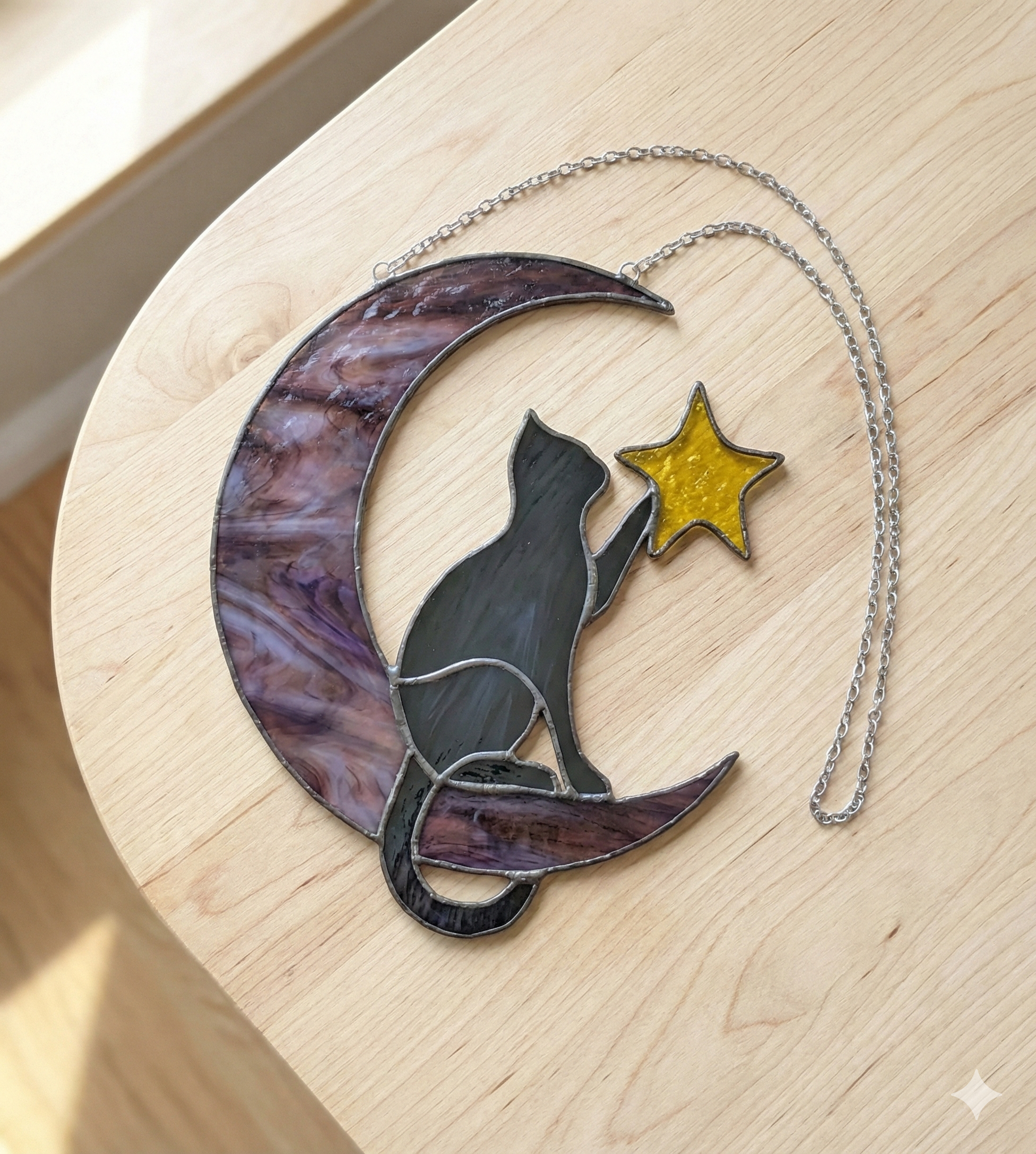 Stained Glass Cat & Moon Suncatcher