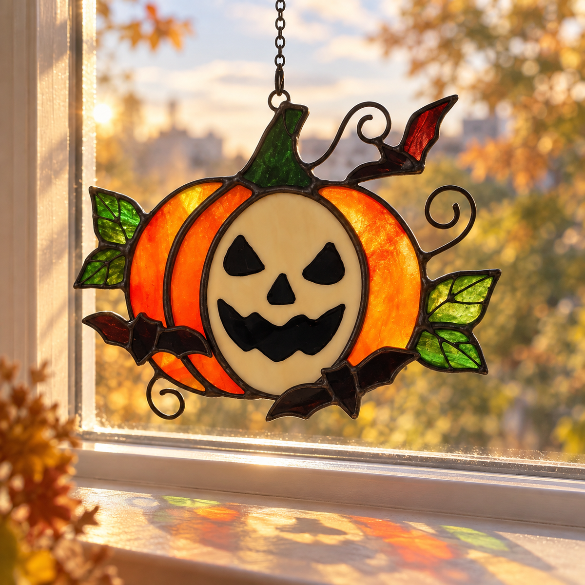 Stained Glass Pumpkin Suncatcher – Spooky & Cute Autumn Decor