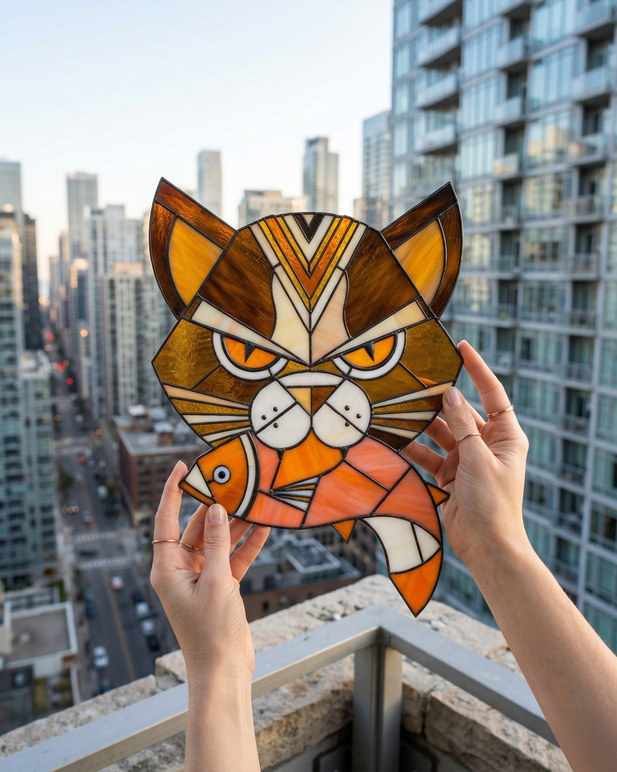 Handcrafted Stained Glass Cat &amp; Fish Suncatcher