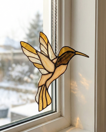 Golden Amber Stained Glass Hummingbird Suncatcher