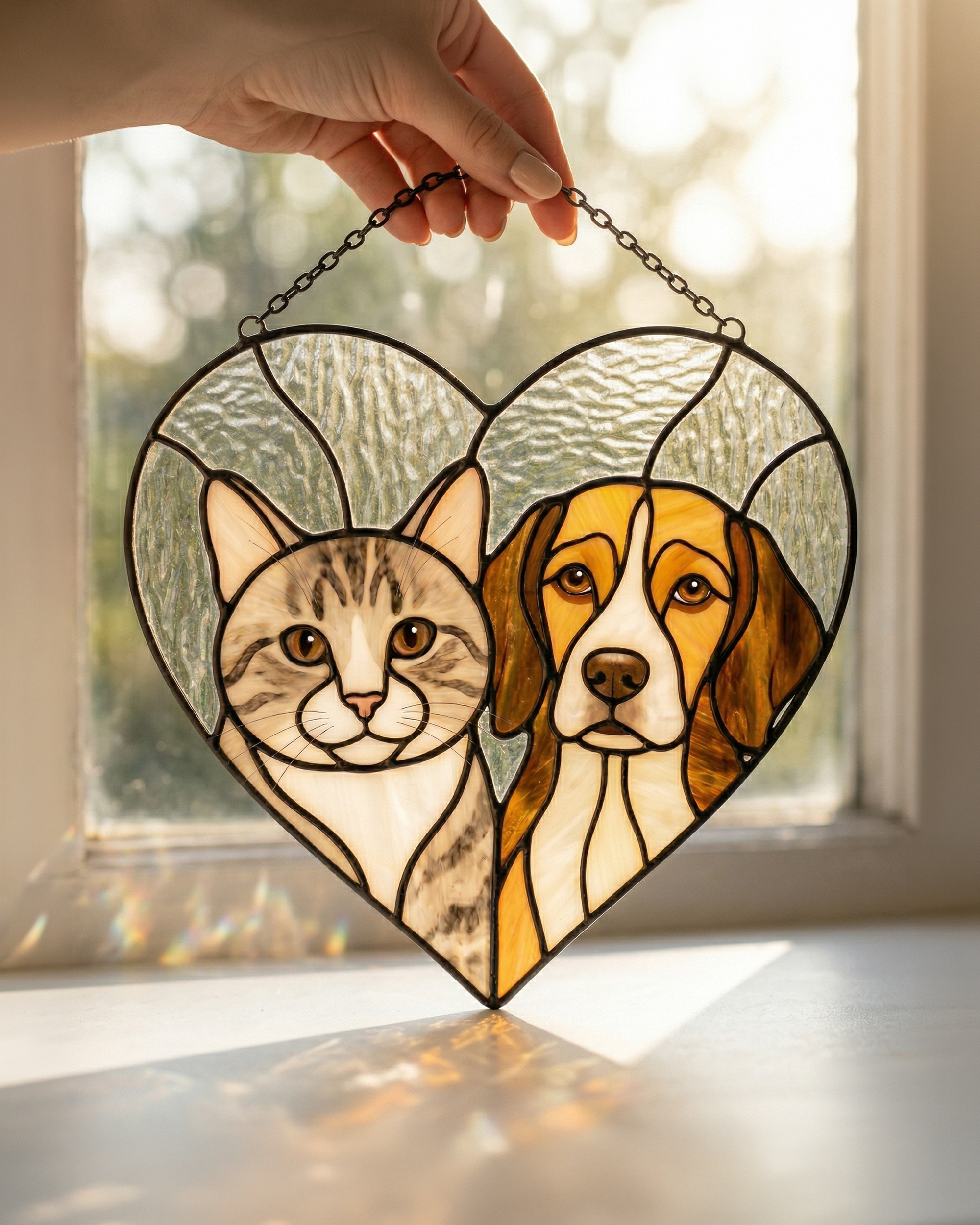 Stained Glass Cat & Dog Heart Suncatcher
