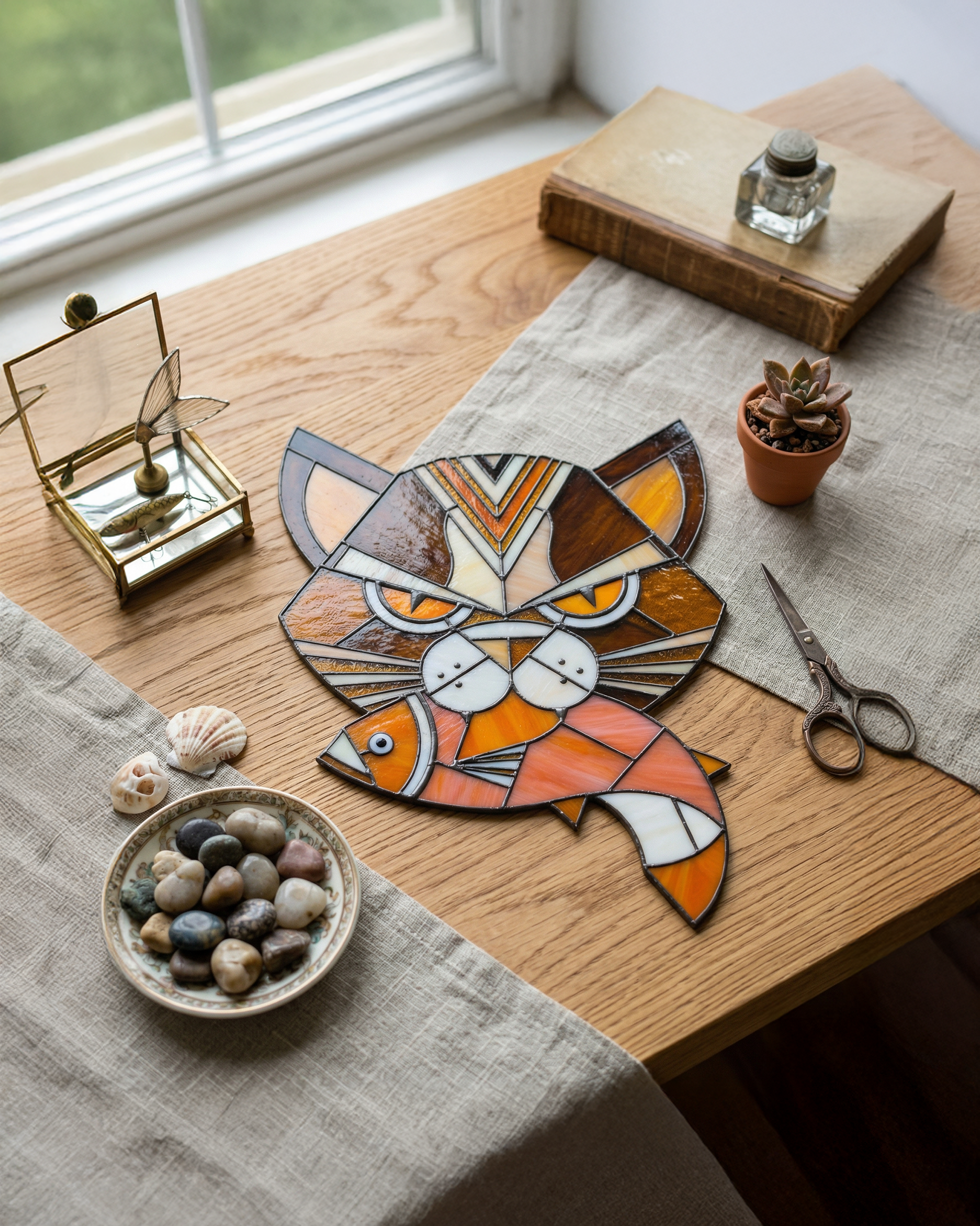 Handcrafted Stained Glass Cat &amp; Fish Suncatcher