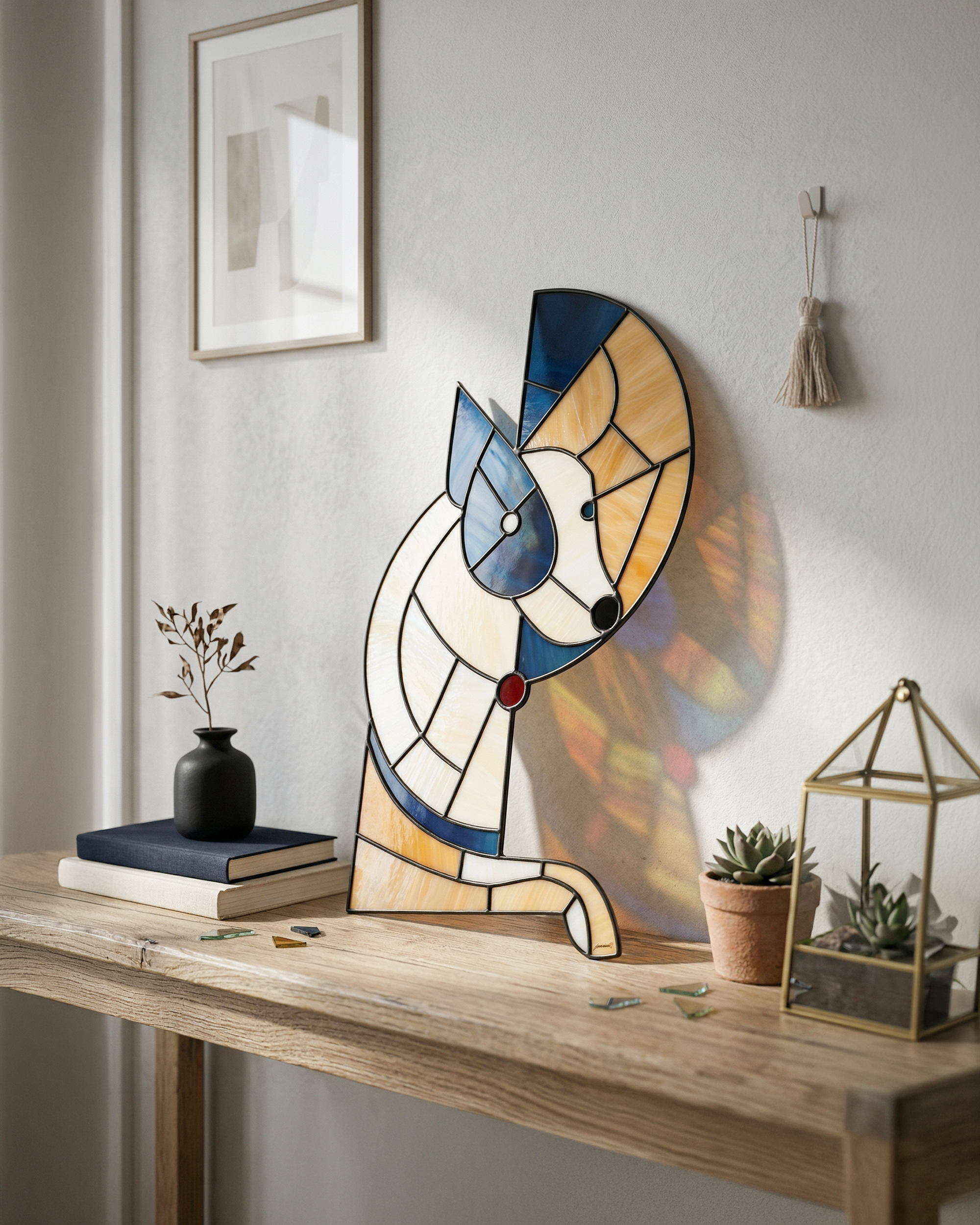 Artistic Geometric Stained Glass Dog Suncatcher