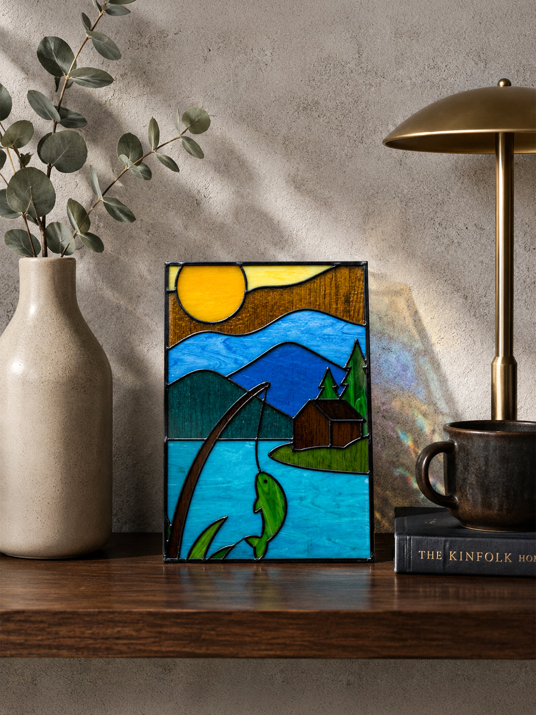 Fishing Scene Stained Glass Art, Cabin Decor Mountain Lake Glass Panel, Unique Gift for Fisherman, Rustic Outdoor Wall Art Decor