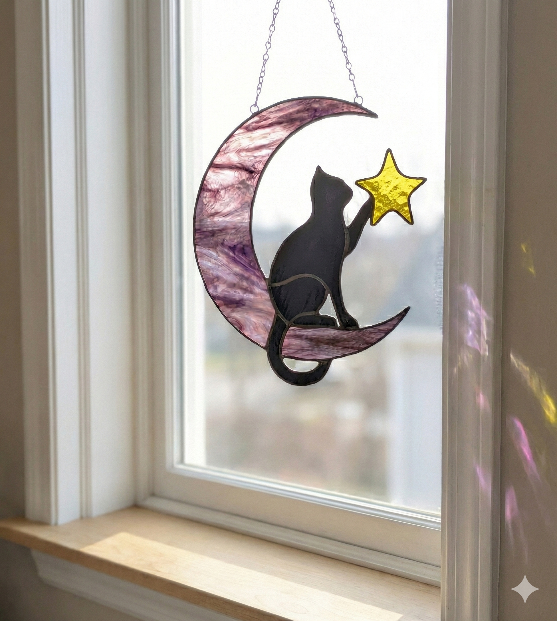 Stained Glass Cat & Moon Suncatcher