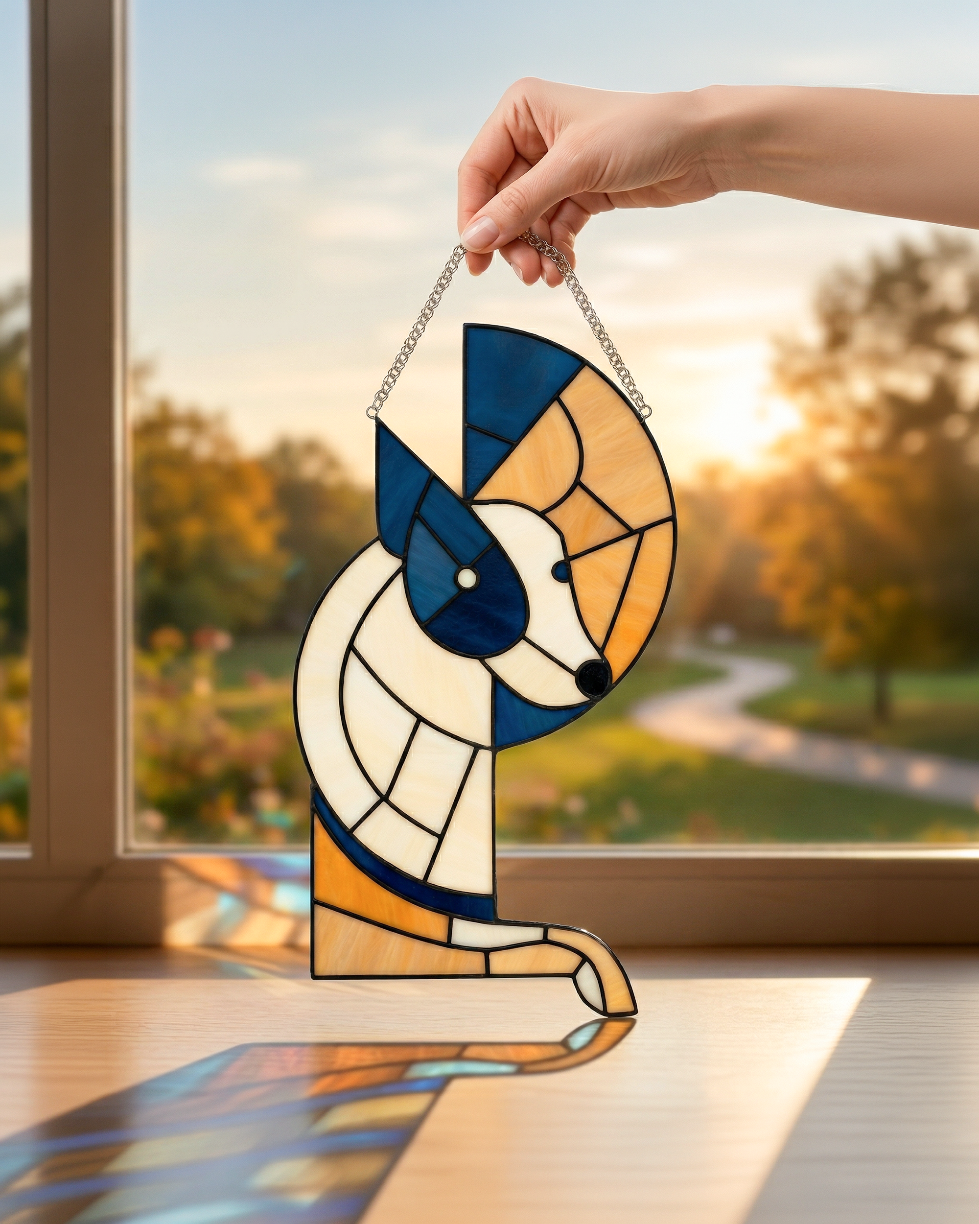 Artistic Geometric Stained Glass Dog Suncatcher