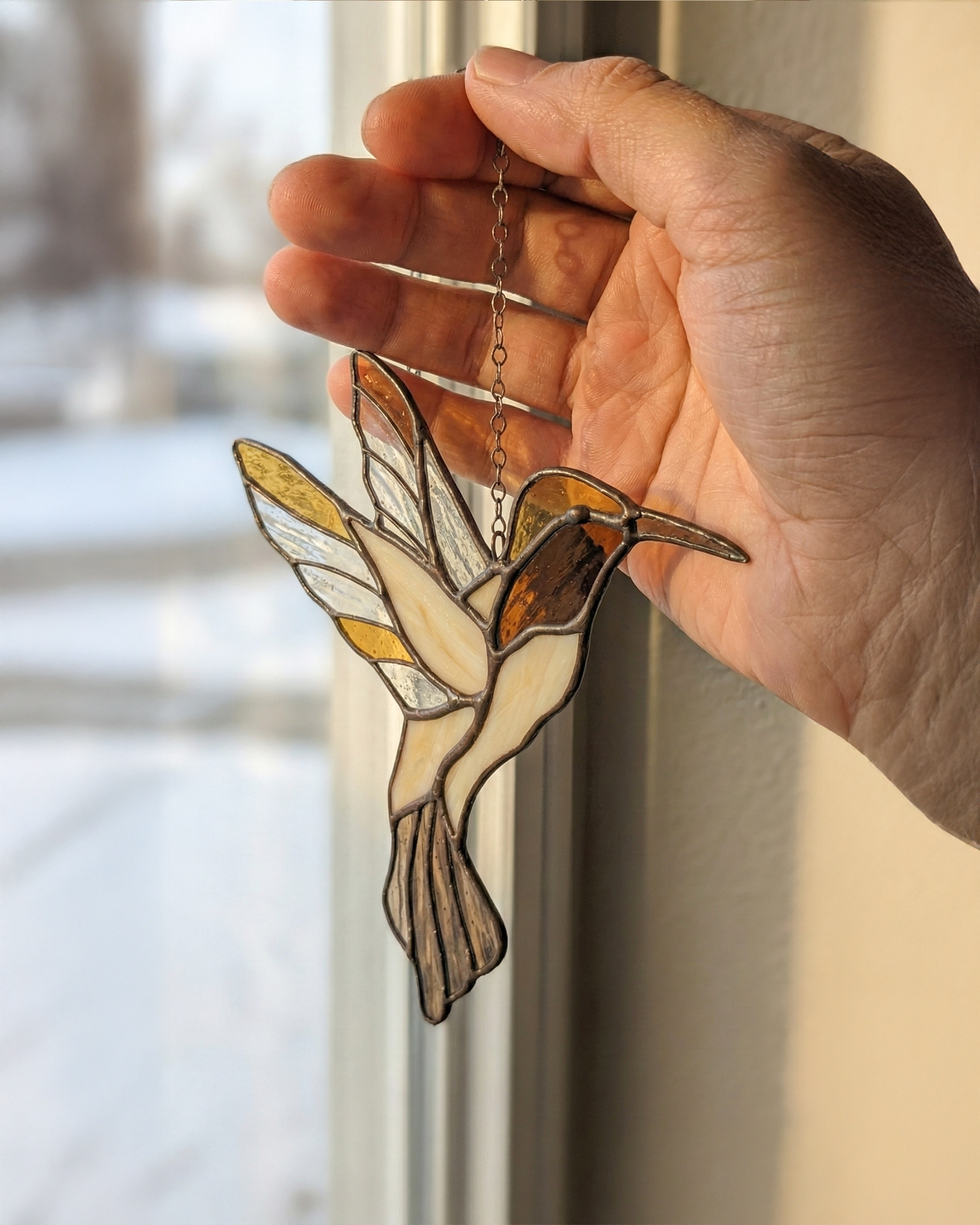 Golden Amber Stained Glass Hummingbird Suncatcher
