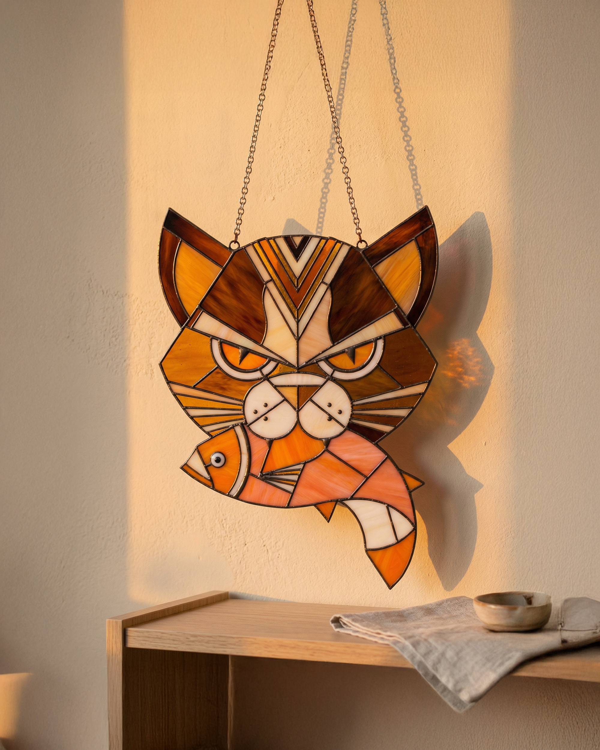 Handcrafted Stained Glass Cat &amp; Fish Suncatcher