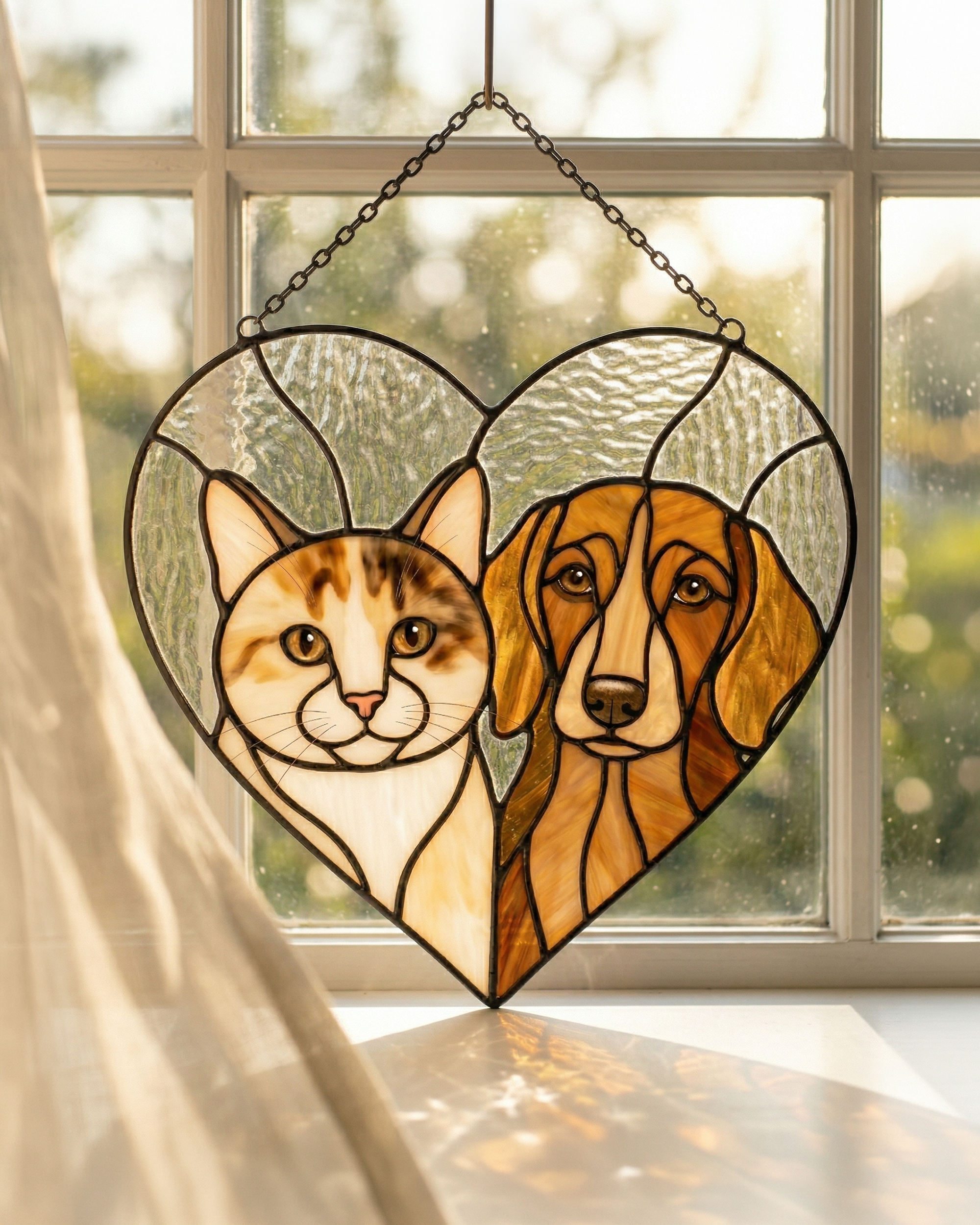 Stained Glass Cat & Dog Heart Suncatcher