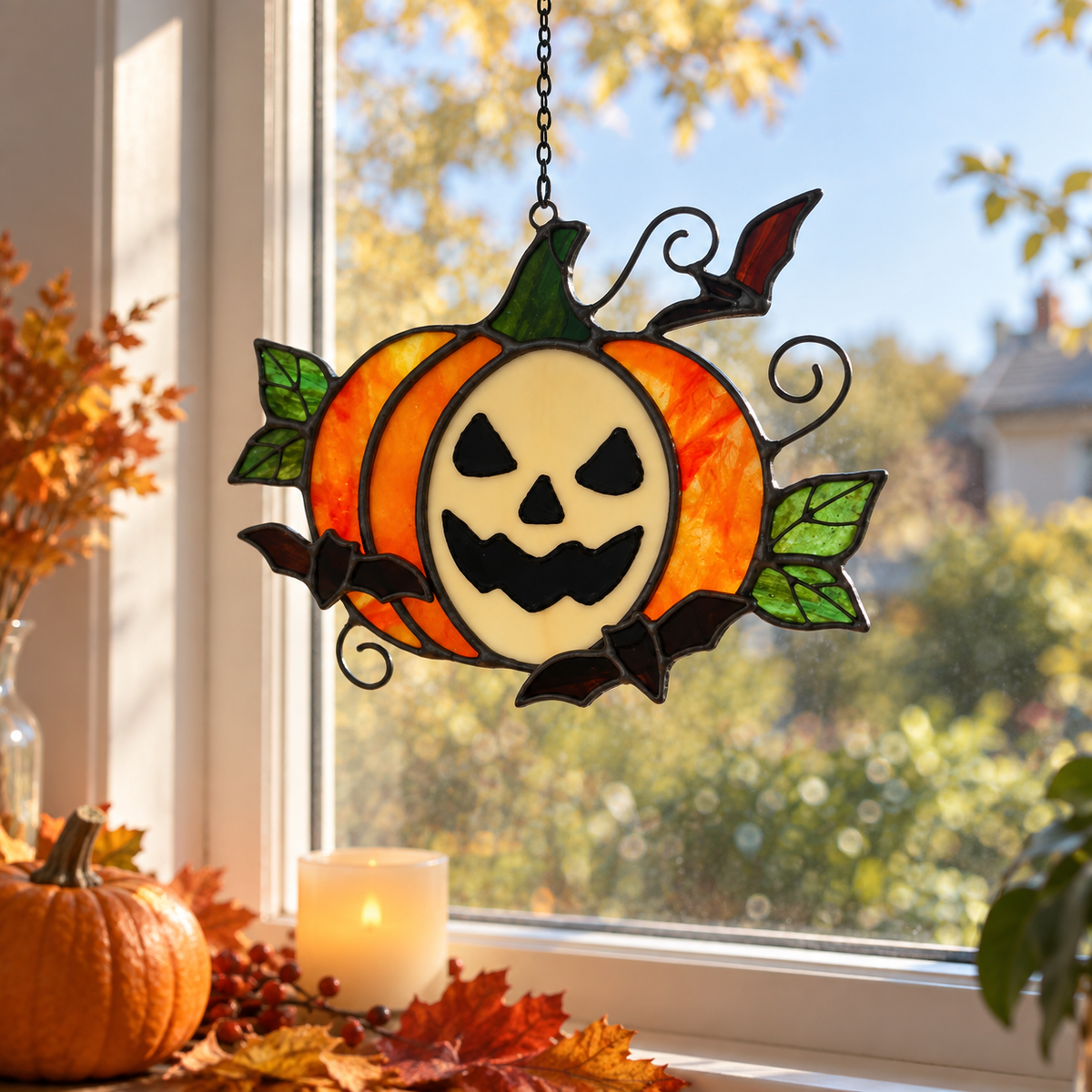 Stained Glass Pumpkin Suncatcher – Spooky & Cute Autumn Decor