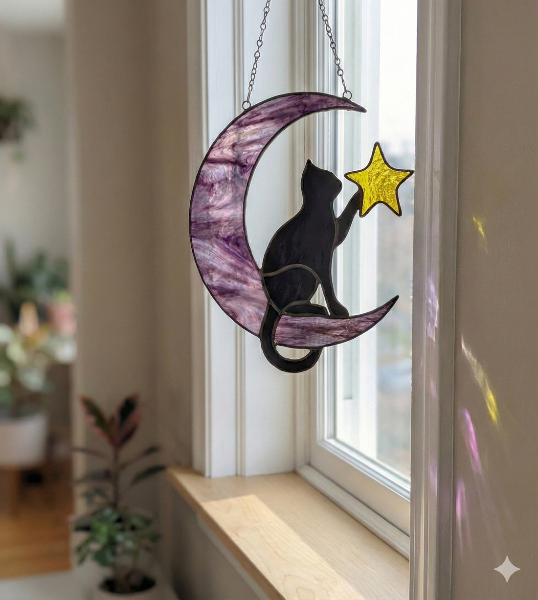 Stained Glass Cat & Moon Suncatcher